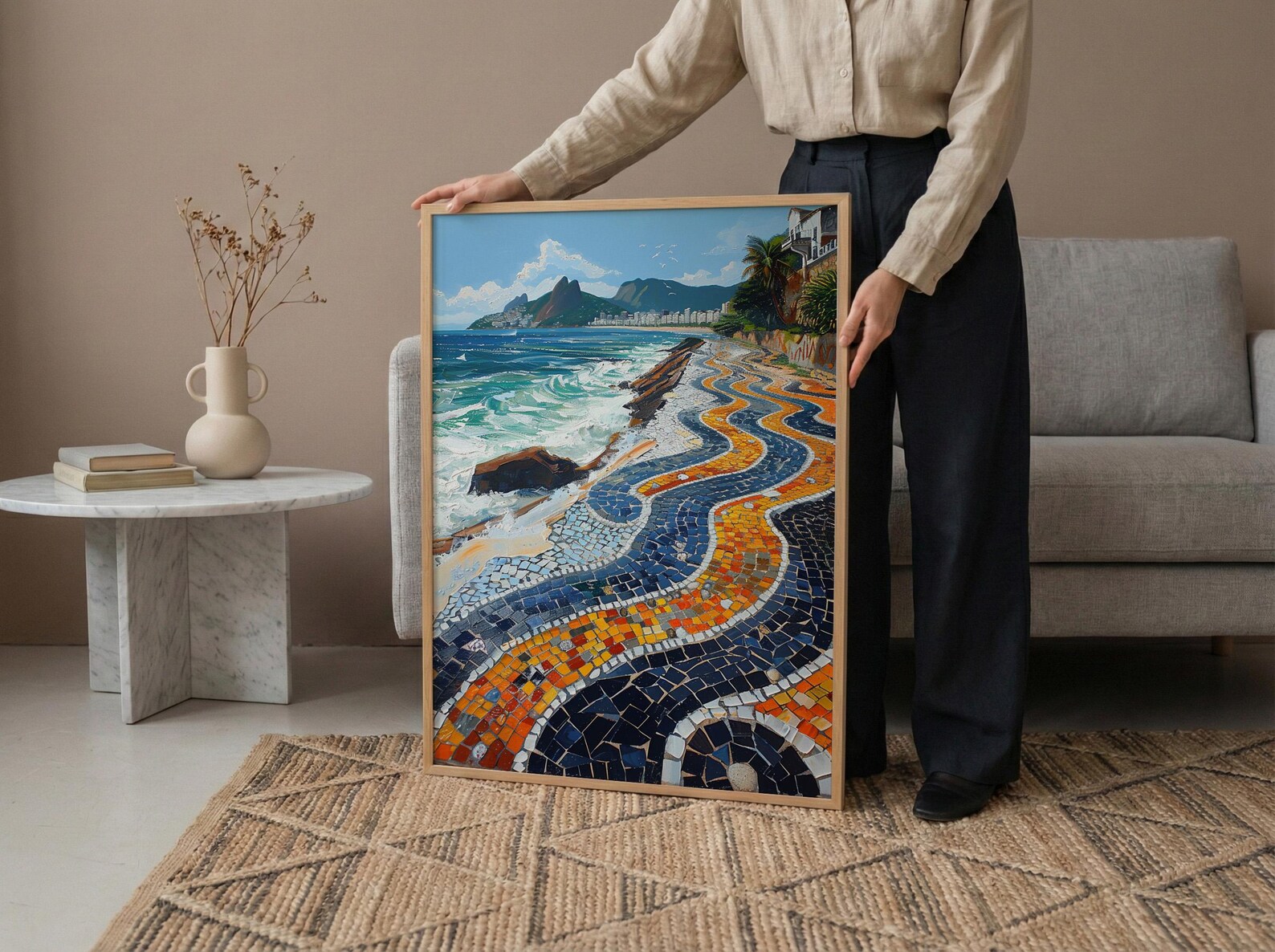 Copacabana Mosaic Walkway Wall Art, Rio Beach City Decor - Bright Blue Ocean Scene — view 5