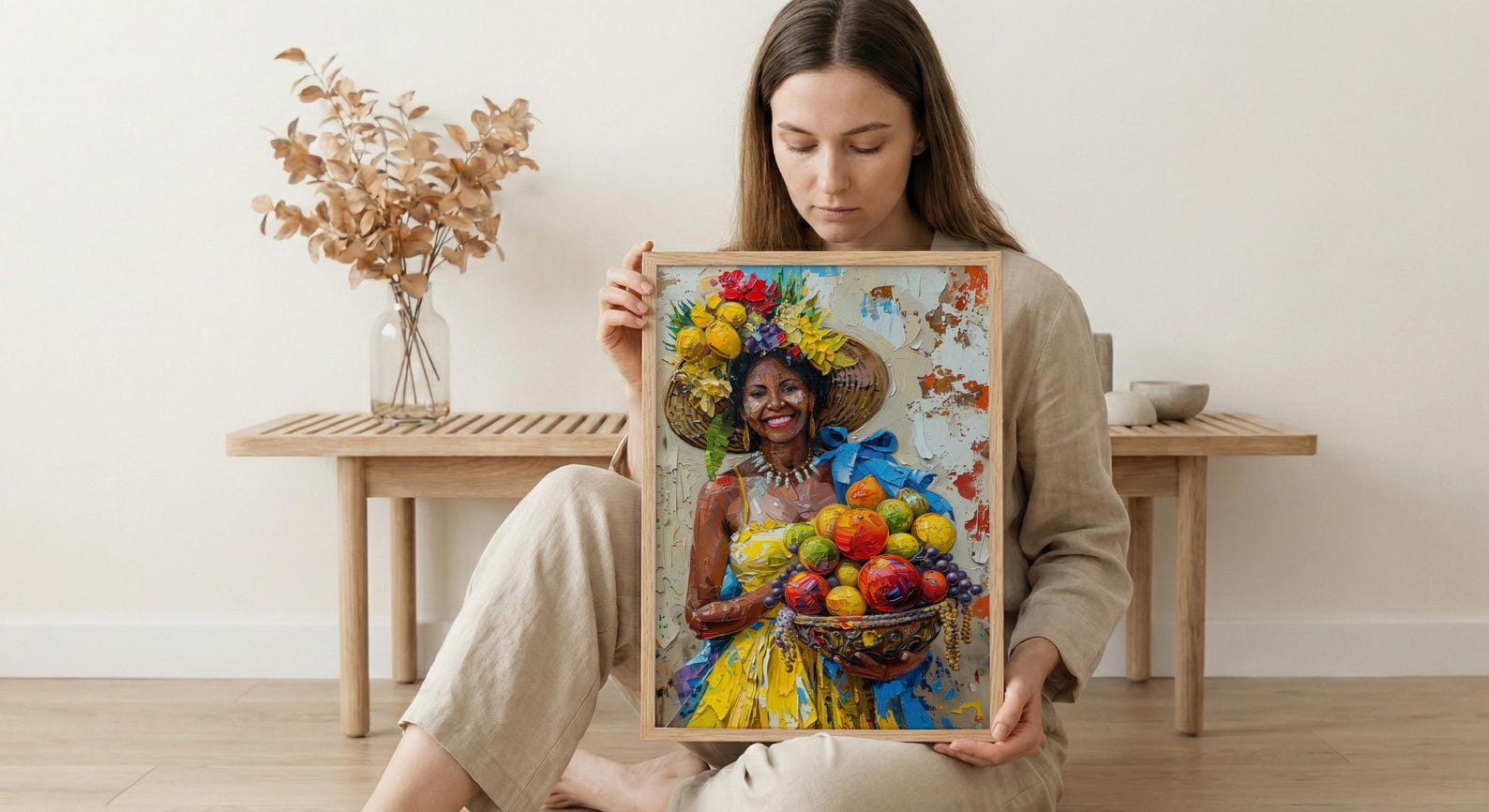 Latin American Woman Oil Painting Poster, Tropical Fruit Basket Art, Brazilian Vendor Wall Art, Exotic Decor, Impasto Portrait — view 6