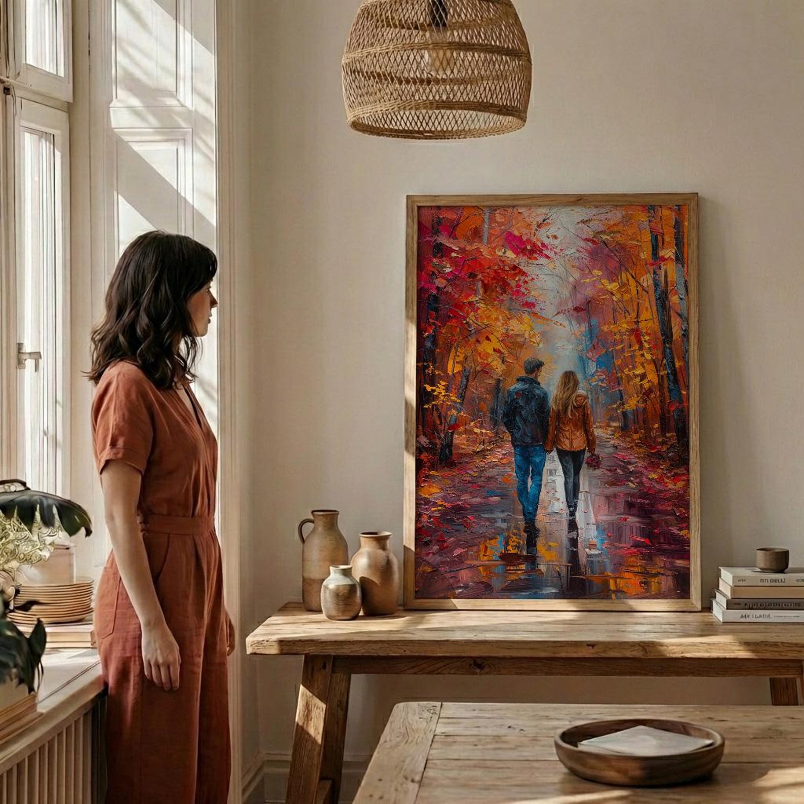 Autumn Wall Art, Vermont Fall Foliage Print, Romantic Couple Walking, Orange Season Painting, Cozy Home Decor — view 5