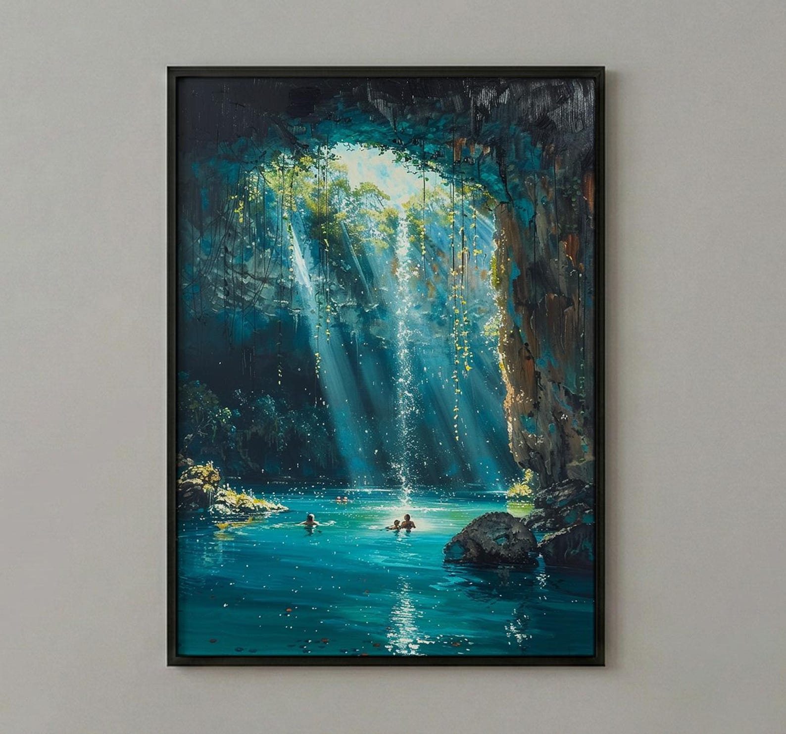 Cenote Art, Mexico Travel Print, Underwater Cave, Impasto Oil Painting, Blue Water Decor, Mystical Nature, Engagement Gift — view 5