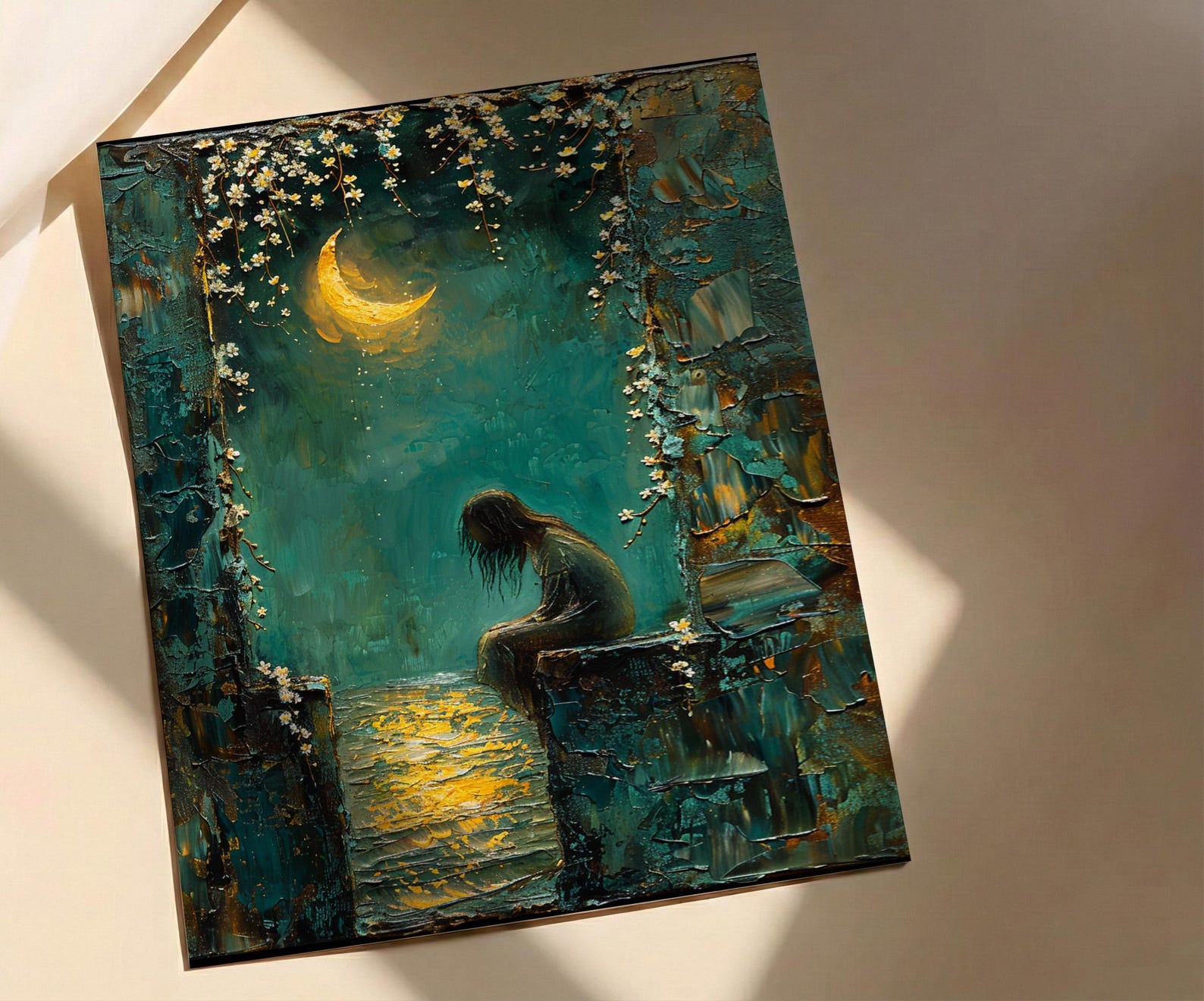High Priestess Tarot Wall Decor, Crescent Moon Print - Palette Knife Painting Style — view 2
