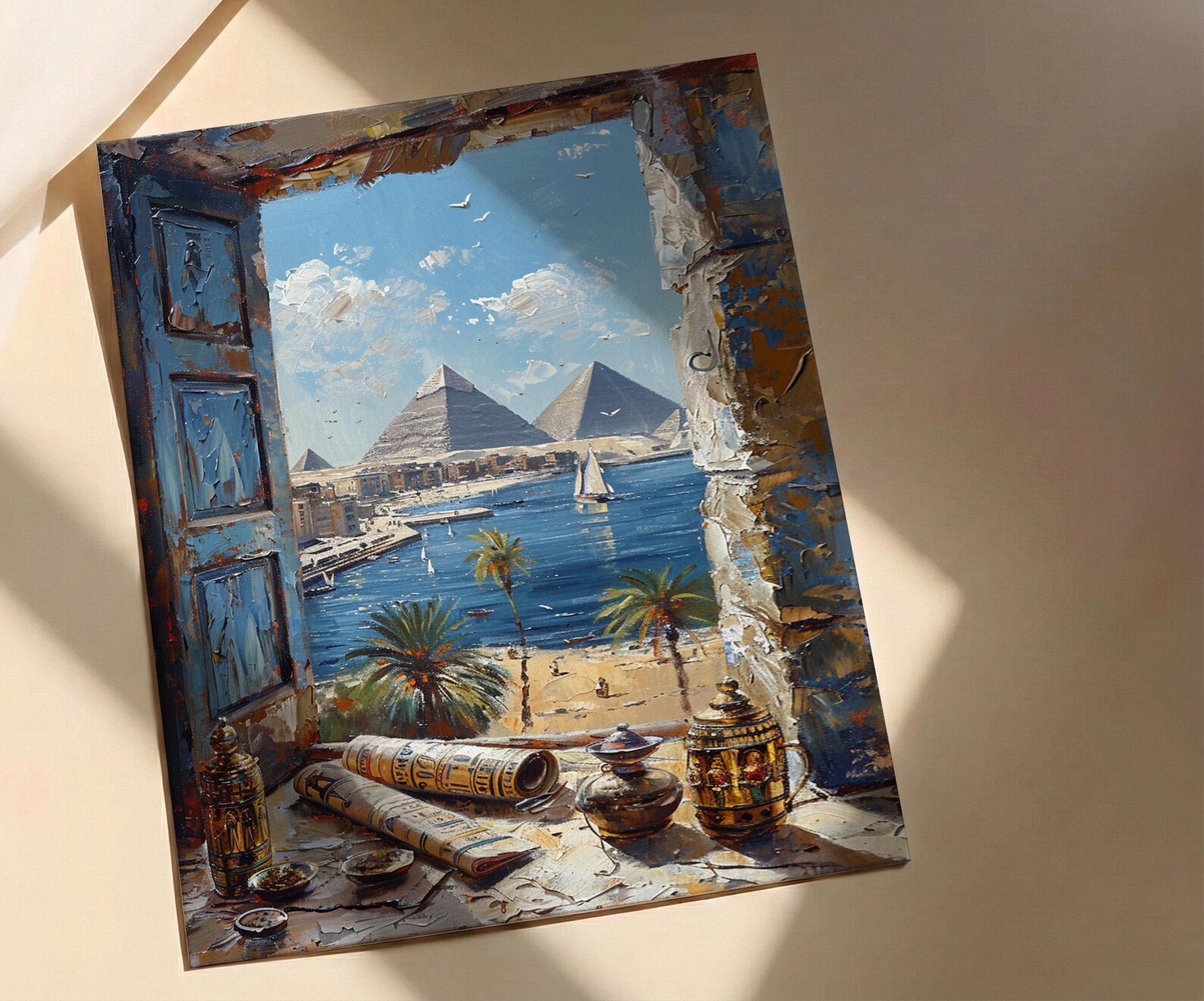 Egypt Window Wall Art, Great Pyramid Decor - Sphinx Desert Landscape — view 4