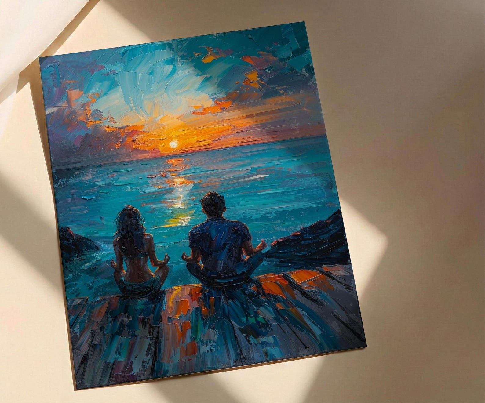 Sunrise Yoga Beach Art Print, Calm Ocean Home Decor - Wooden Deck Coast Summer Retreat — view 4