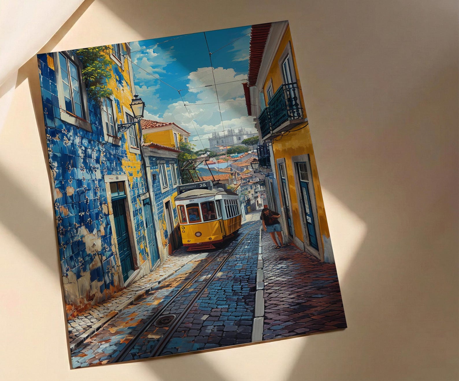 Lisbon Wall Art, Yellow Tram 28 Print, Portugal Decor, Impasto Oil Painting, Azulejo Tile, Cityscape Art, Cheerful Gift — view 4