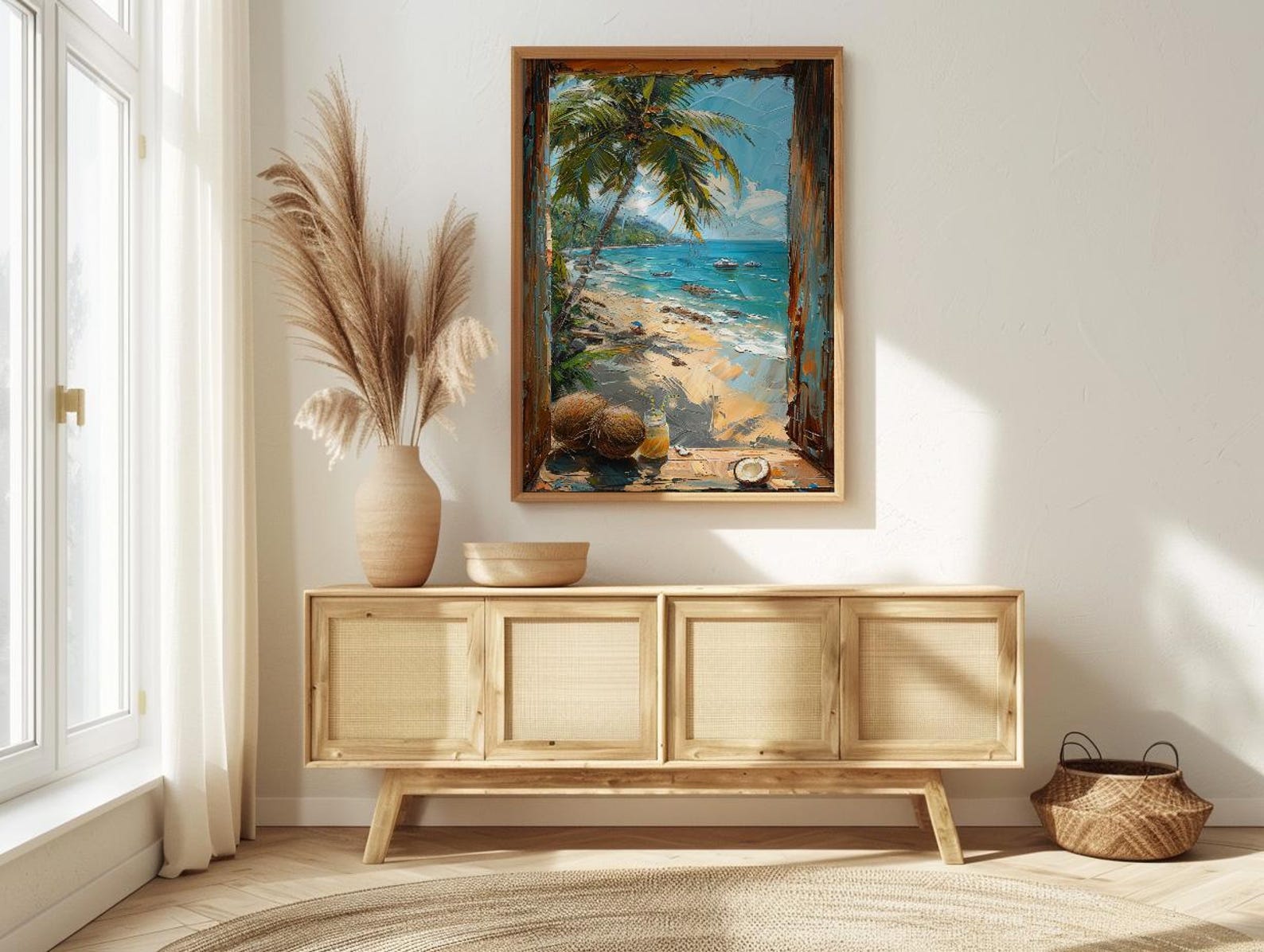 Goa Beach Poster, India Tropical Art Print, Bamboo Window Wall Art, Coconut Tree Painting, Summer Decor — view 3