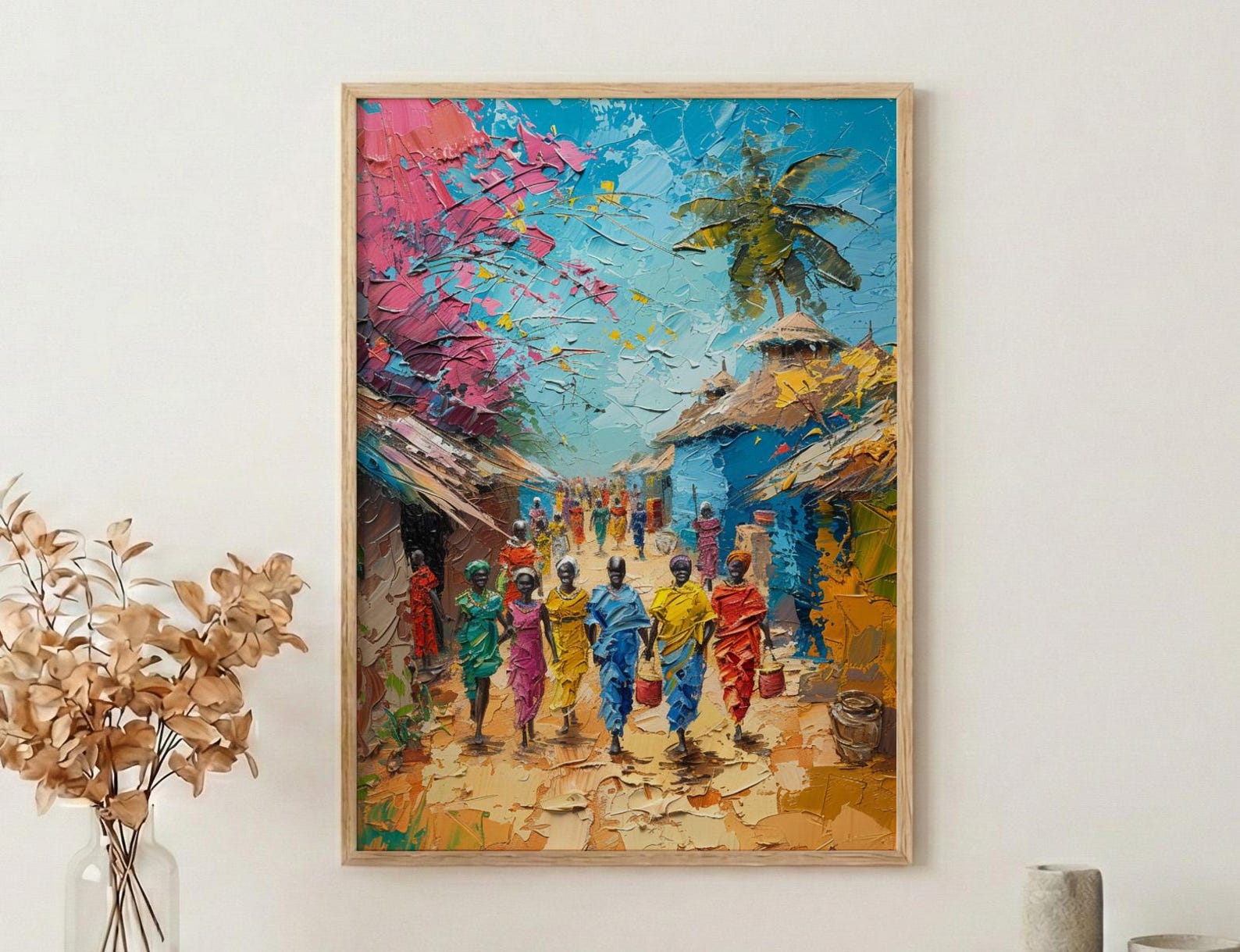 African Village Art, Traditional Wedding Print - Thick Oil Painting Style