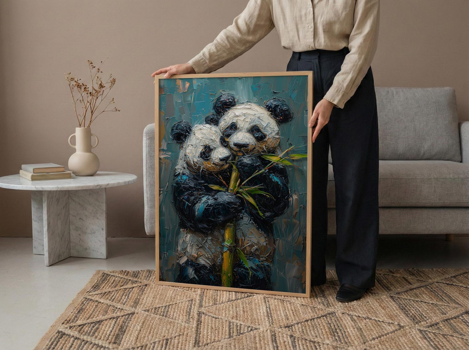 Panda Bear Art, Cute Animal Print, Nursery Wall Decor, Impasto Oil Painting, Black and White, Baby Shower Gift, Hugging — view 6