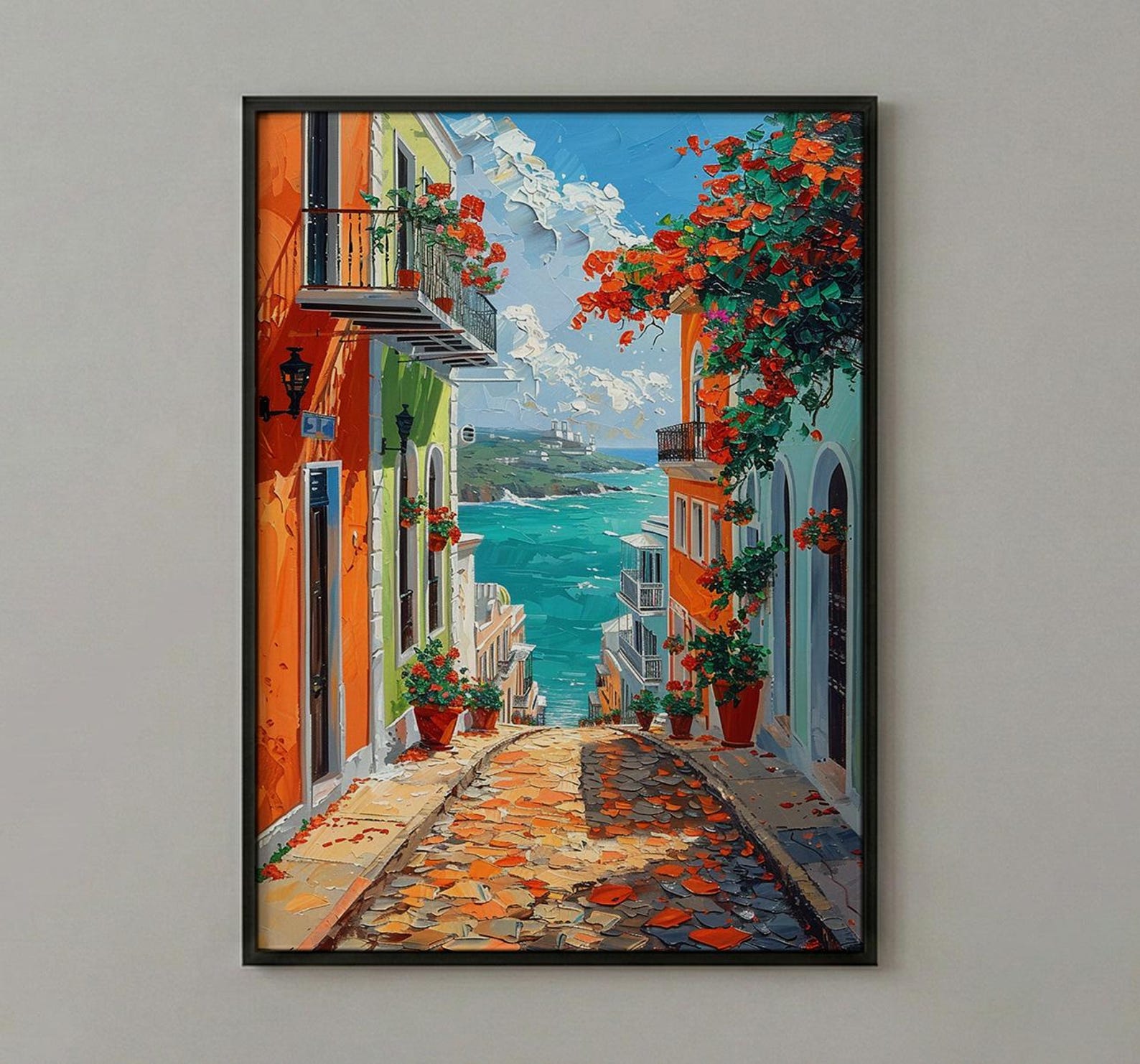 Puerto Rico Wall Art, Old San Juan Print, Colorful Street, Impasto Oil Painting, Orange House Decor, Caribbean Gift — view 3
