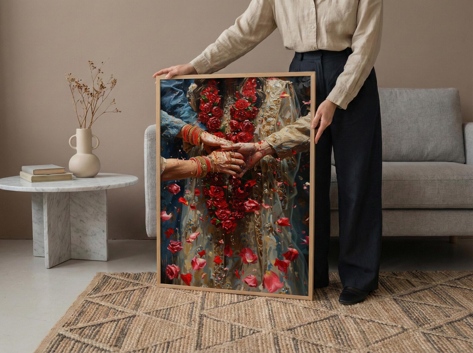 Indian Wedding Art, Varmala Ceremony, Red and Gold, Impasto Oil Painting, Cultural Couple, Anniversary Gift, Honeymoon Gift — view 6