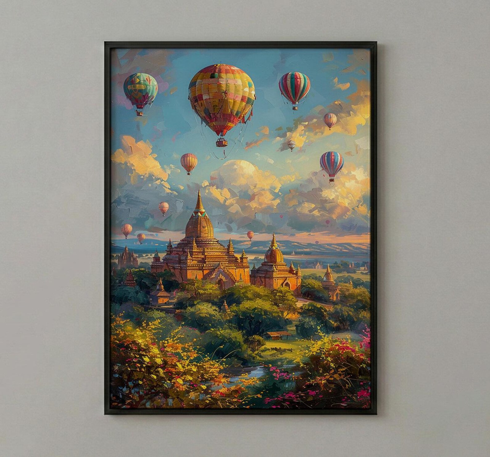 Bagan Hot Air Balloon Poster, Ancient Temple Spring Art - Textured Impasto Oil Painting — view 3