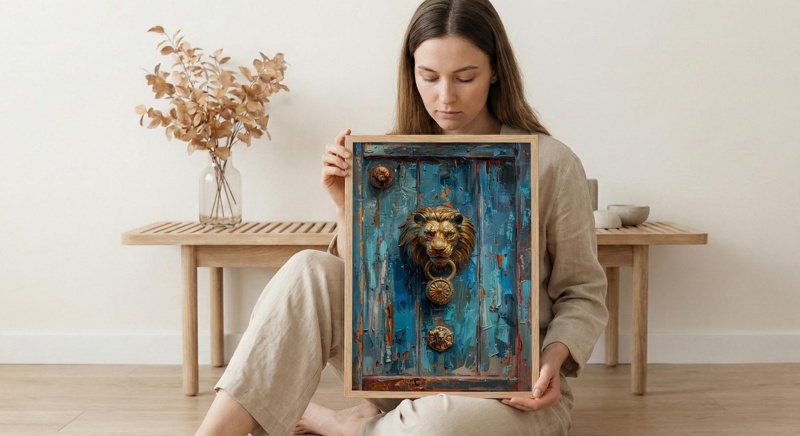 Antique Wooden Door Wall Art, Colonial Street Decor - Brass Lion Knocker Summer Shadow — view 6
