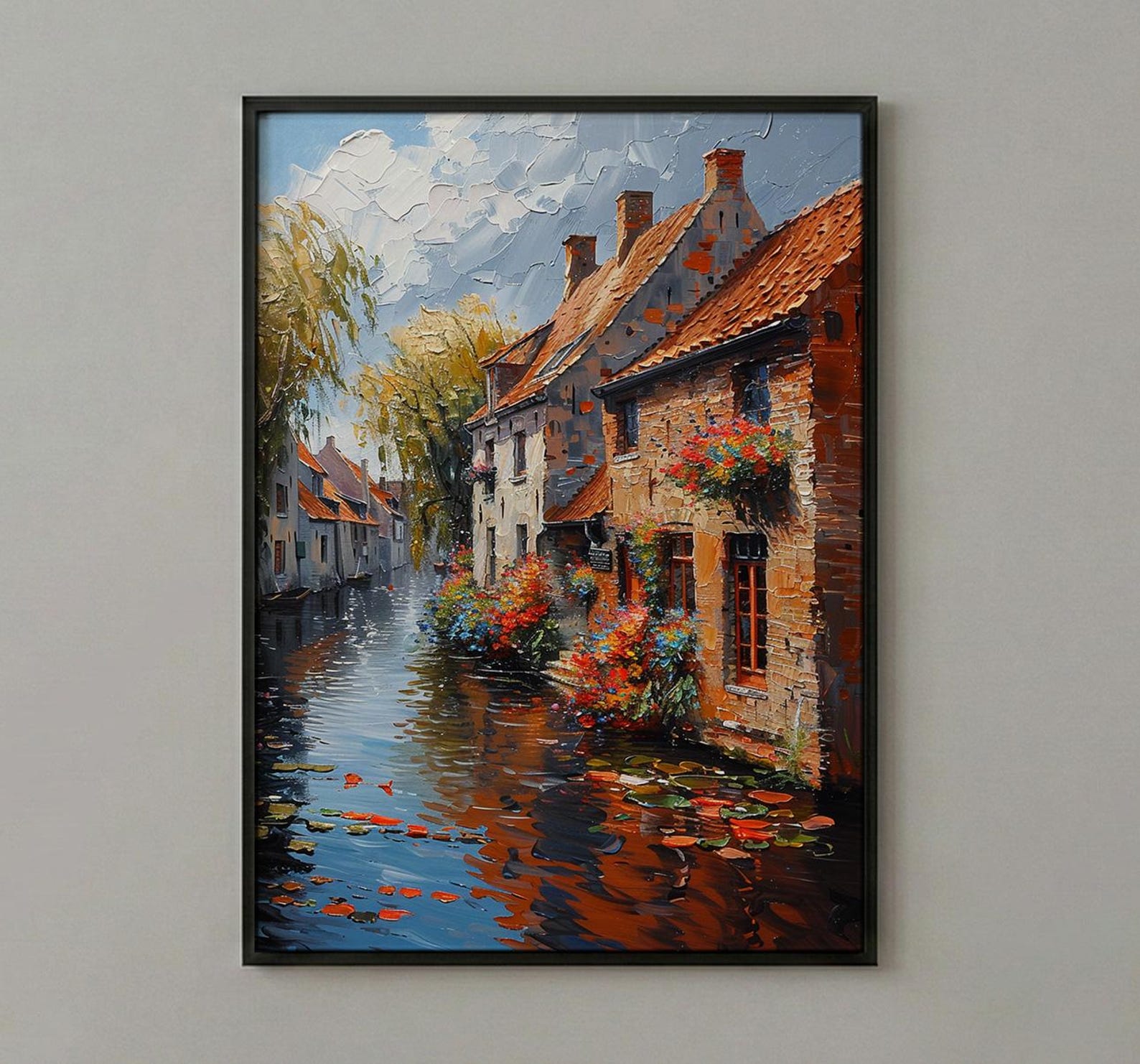 Bruges Canal Poster, Belgium City Decor - Medieval Brick Art — view 2
