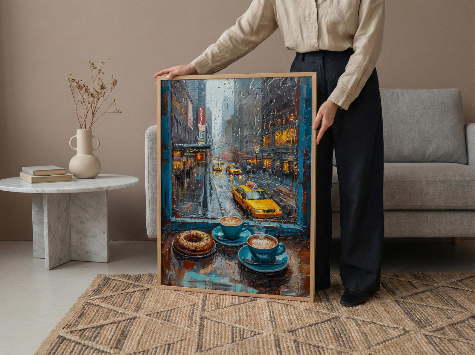 New York Wall Art, Open Window View, Rainy City Print, Coffee Shop Decor, NYC Skyline Painting, Fake Window — view 4