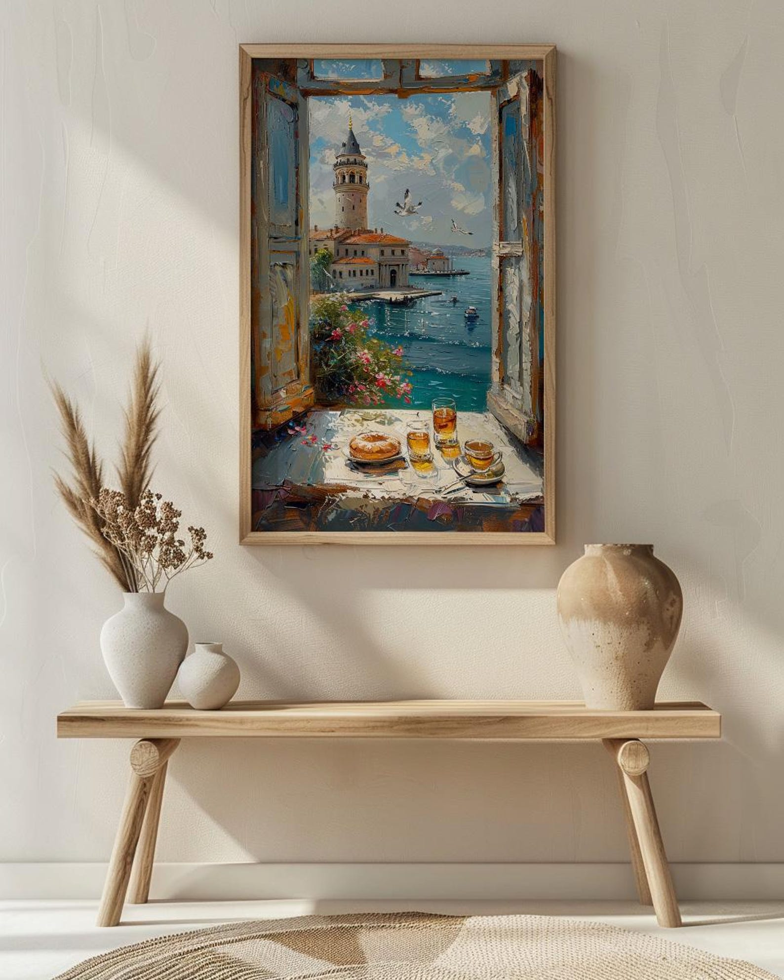 Istanbul Art Print, Maidens Tower Poster, Bosphorus Window Wall Art, Turkish Tea Simit Decor, Seaside Painting — view 5