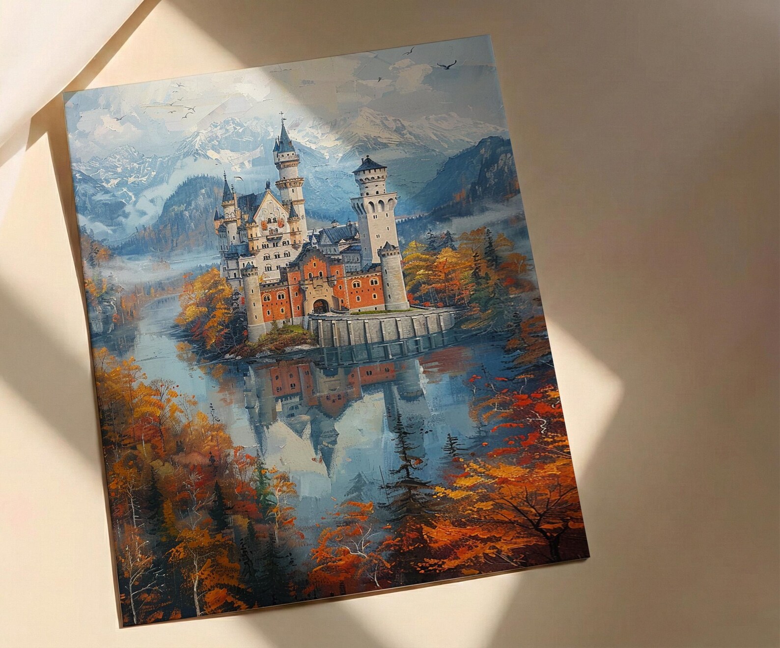 Fairytale Castle Art, Neuschwanstein Print, Germany Travel, Impasto Oil Painting, Dreamy Landscape, Princess Room Decor, Fog — view 5
