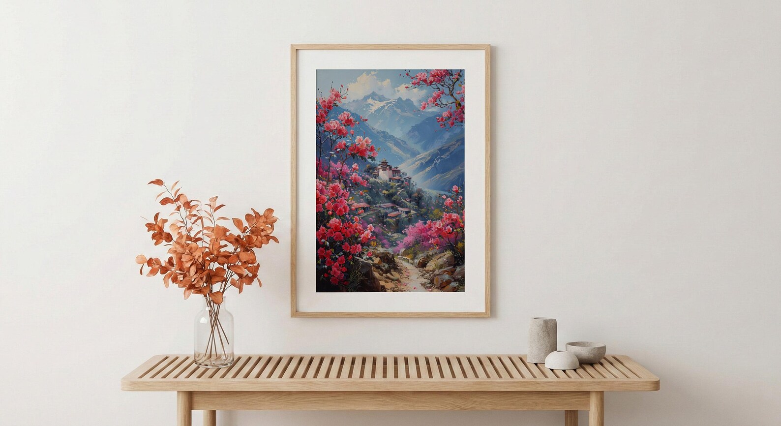 Bhutan Mountain Valley Wall Art, Red Rhododendron Decor - Living Room Decor — view 5