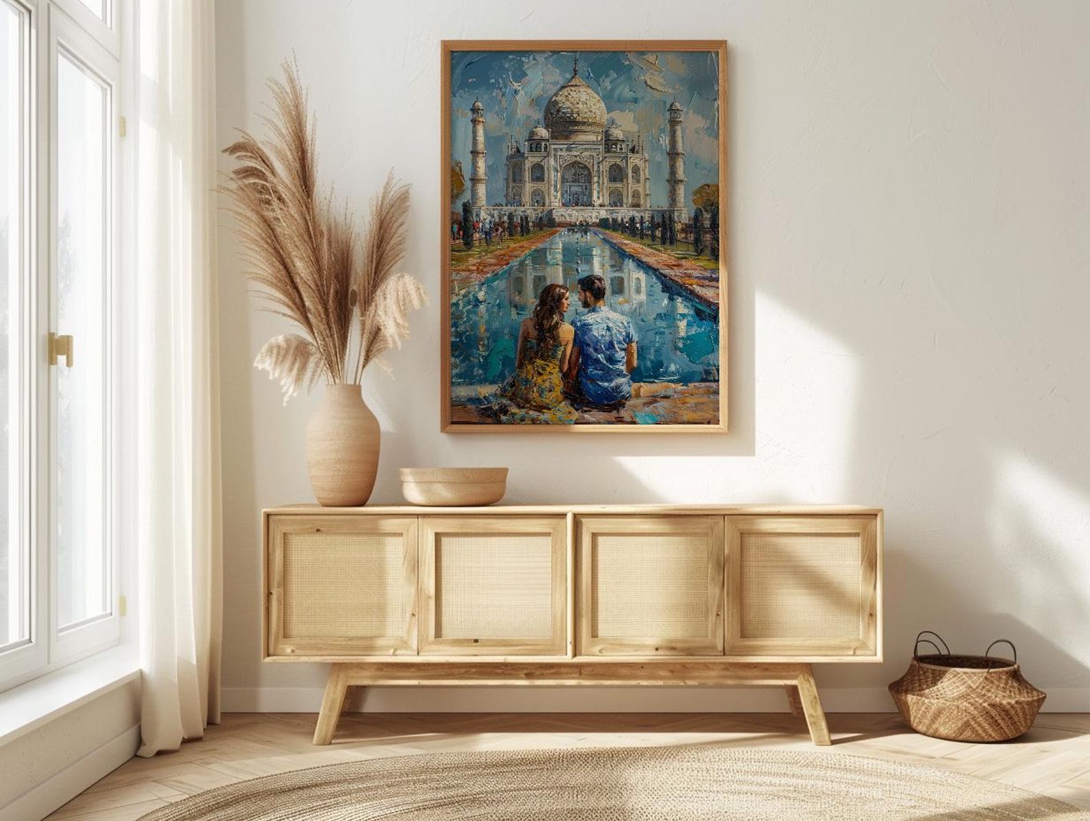 India Wall Art, Taj Mahal Art Print, Romantic Couple Poster, Agra Architecture Painting, Asian Travel Decor — view 4