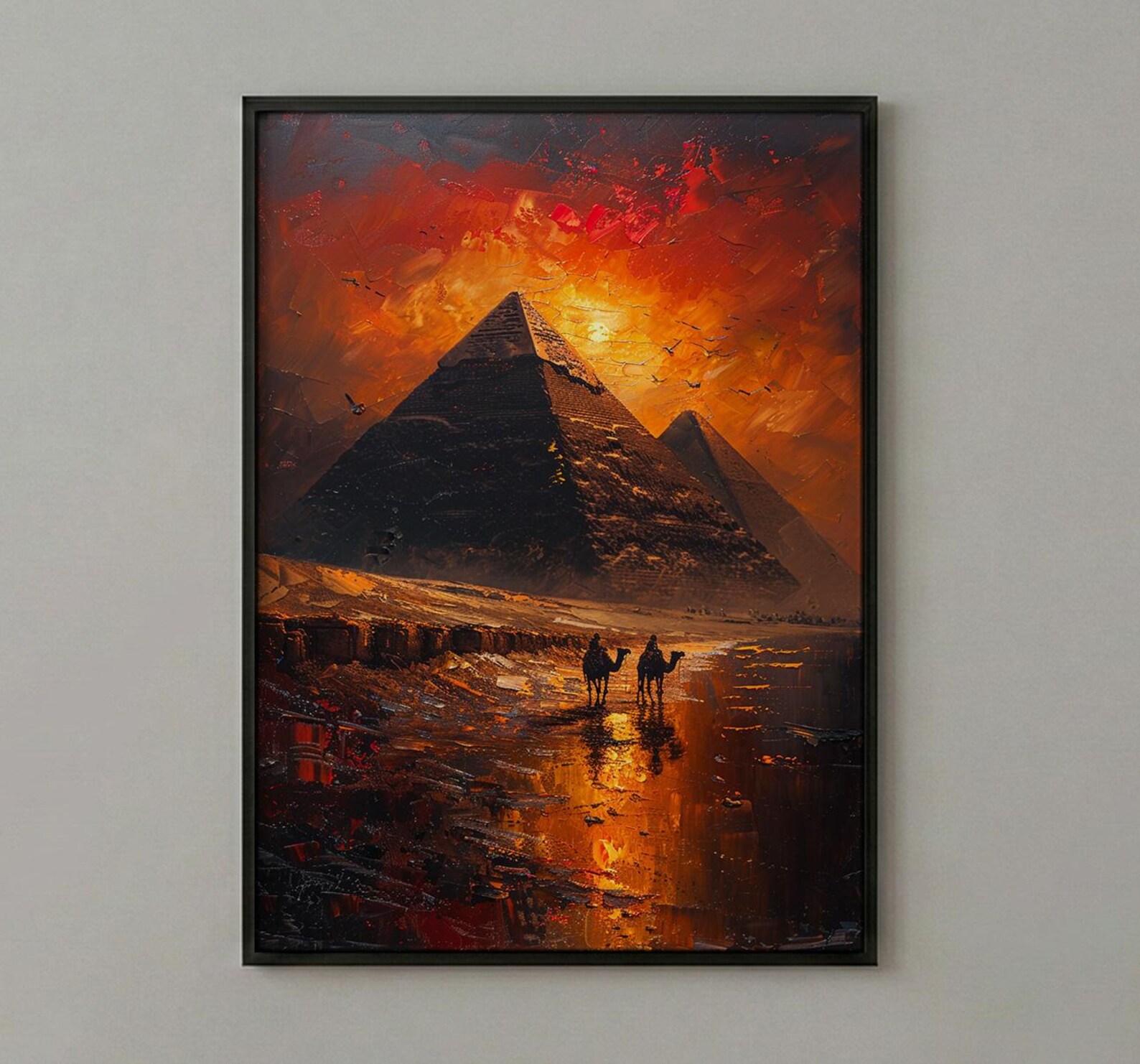 Egypt Pyramids Art, Giza Wall Decor, Sunset Landscape, Impasto Oil Painting, Camel Print, History Gift, Travel Lover Gift — view 3