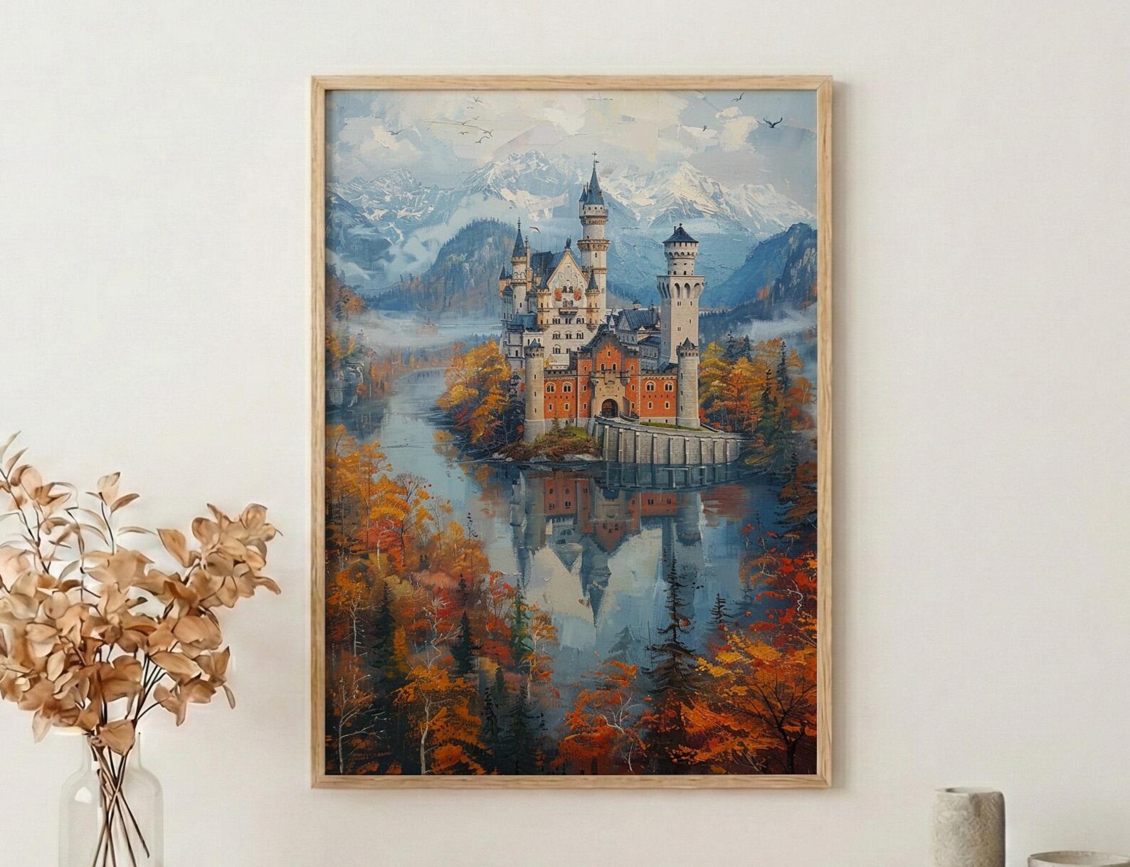 Fairytale Castle Art, Neuschwanstein Print, Germany Travel, Impasto Oil Painting, Dreamy Landscape, Princess Room Decor, Fog