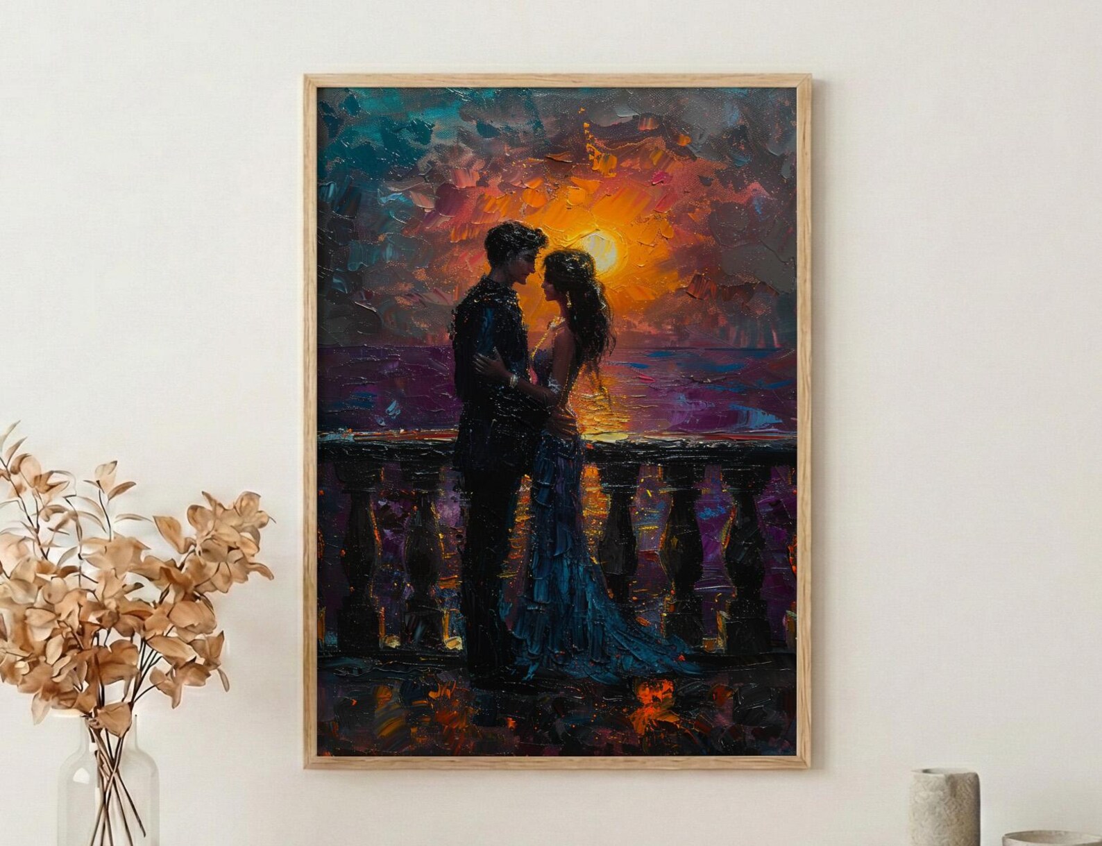 Indian Couple Art, Royal Palace Print, Rajasthan Decor, Impasto Oil Painting, Traditional Wear, Sunset Silhouette, Saree Art — view 2