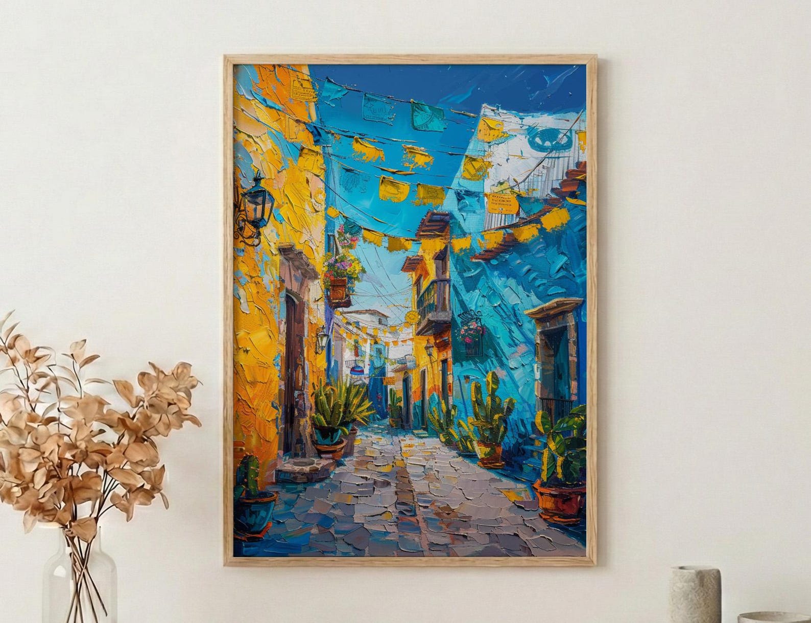 Mexican Street Oil Painting Poster, Colorful Alley Art Print, Vibrant Mexico Wall Art, Cacti & Yellow Wall Decor, Impasto Style Travel Art
