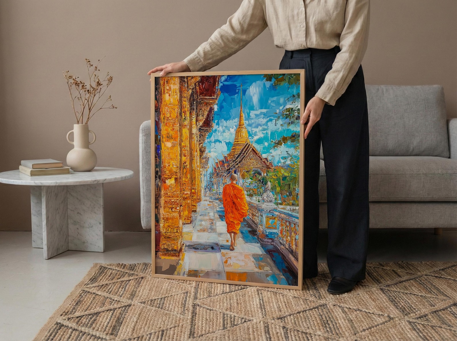 Thai Buddhist Monk Oil Painting Poster, Golden Temple Bangkok Art Print, Spiritual Asia Wall Art, Meditation Decor, Impasto Architecture — view 5
