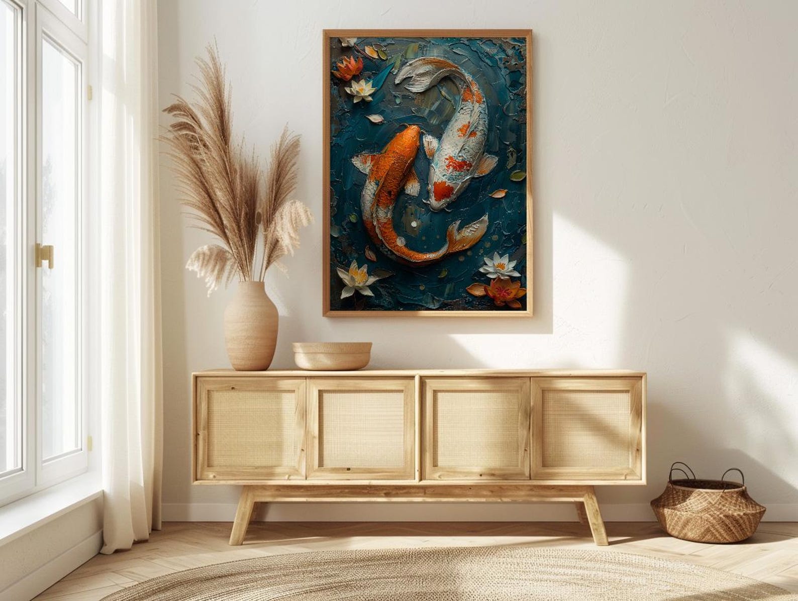 Koi Fish Art, Yin Yang Love, Pond Painting, Impasto Oil Painting, Feng Shui Decor, Zen Garden Print, Good Luck Gift — view 3