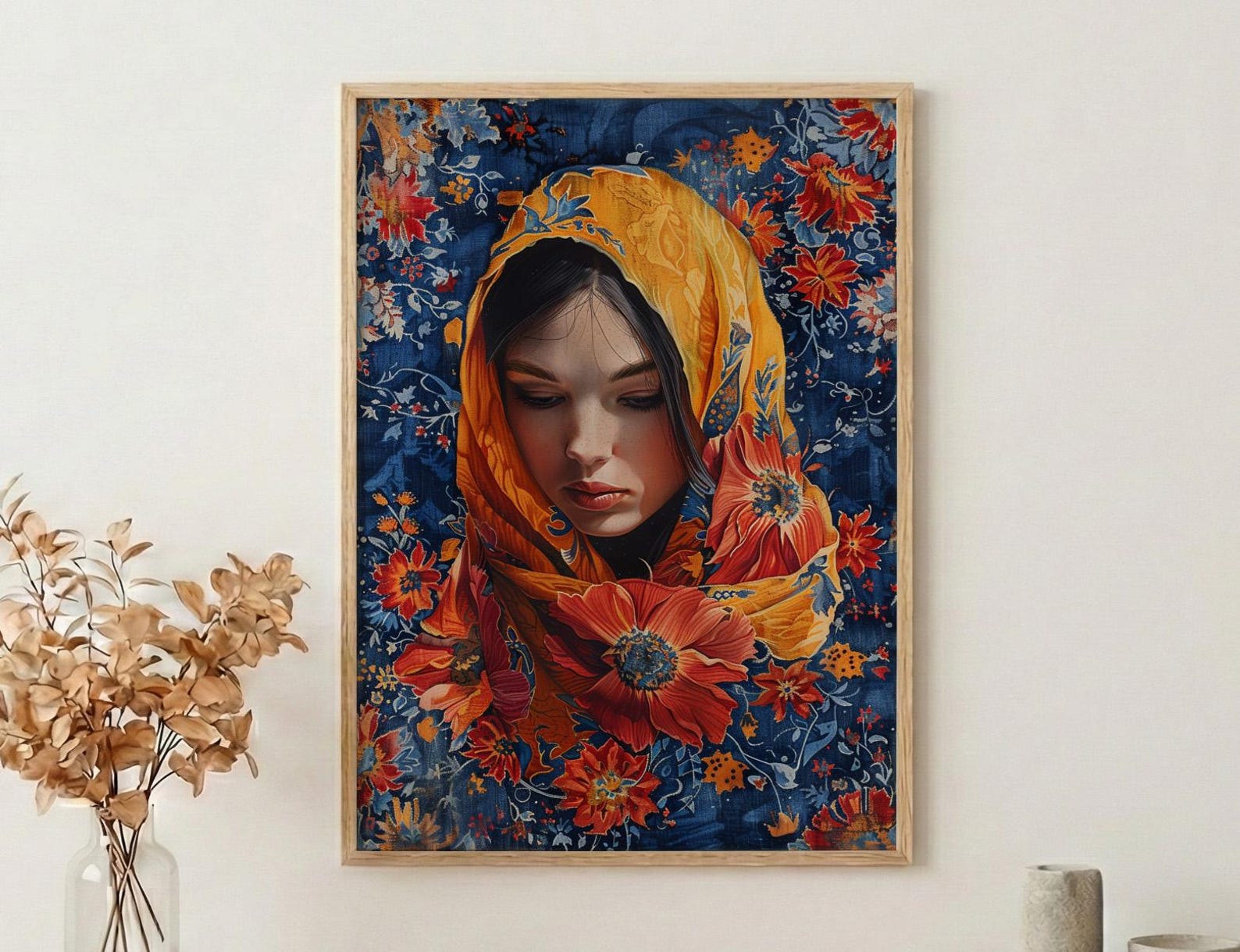 Persian Rug Art, Floral Pattern Print, Boho Wall Decor, Impasto Oil Painting, Red and Blue, Texture Art, Housewarming Gift