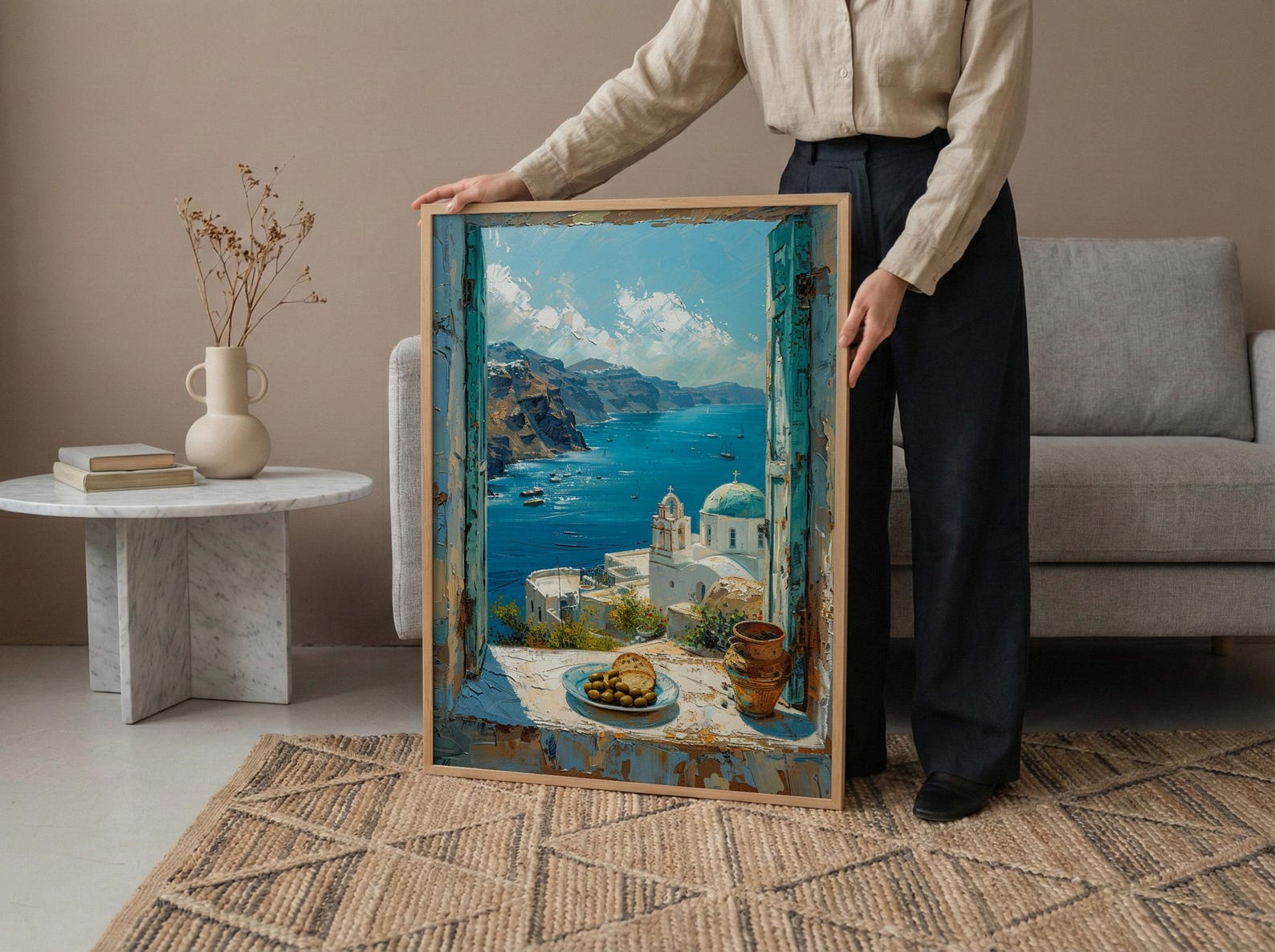 Santorini Window Art Print, Blue Dome Decor - Aegean Sea Greek Landscape — view 6