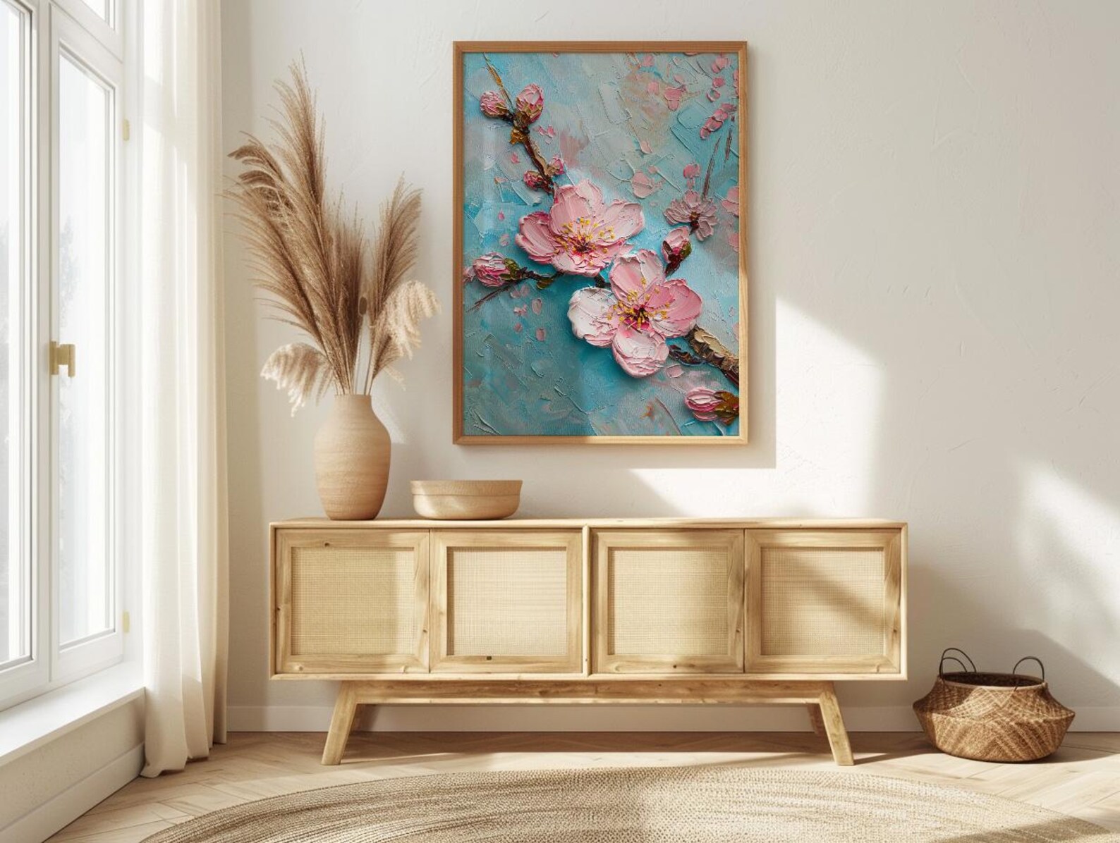 Japanese Cherry Blossom Oil Painting Poster, Sakura Branch Art Print, Pink Floral Wall Art, Zen Nature Decor, Impasto Style Flower Print — view 2