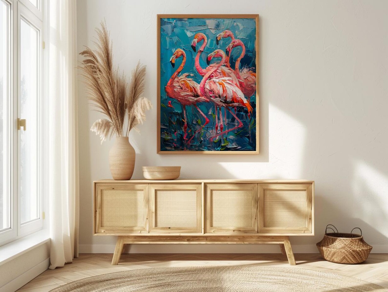 Pink Flamingo Blue Lake Wall Art, Tropical Bird Nature Poster - Textured Impasto Oil Painting — view 4