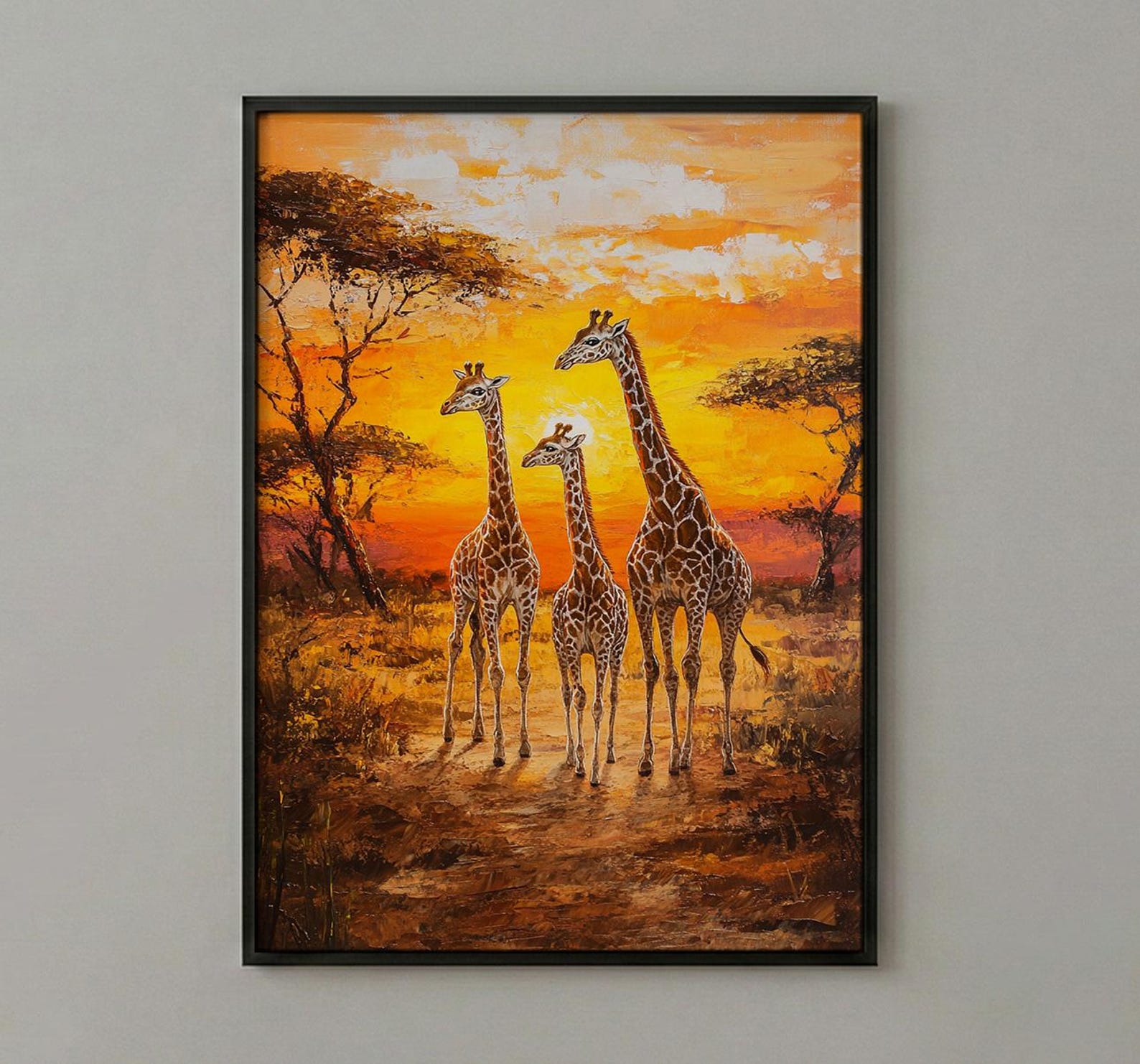 Giraffe Family Oil Painting Poster, Safari Nursery Wall Art, African Wildlife Print, Savanna Sunset Decor, Impasto Art Print — view 3
