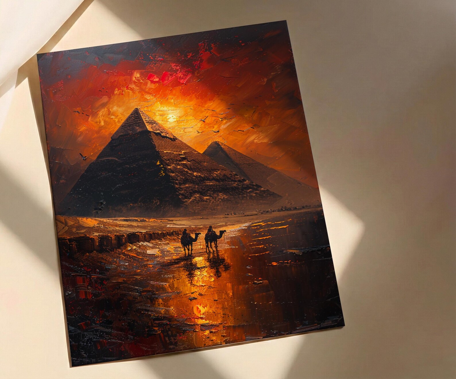 Egypt Pyramids Art, Giza Wall Decor, Sunset Landscape, Impasto Oil Painting, Camel Print, History Gift, Travel Lover Gift — view 2