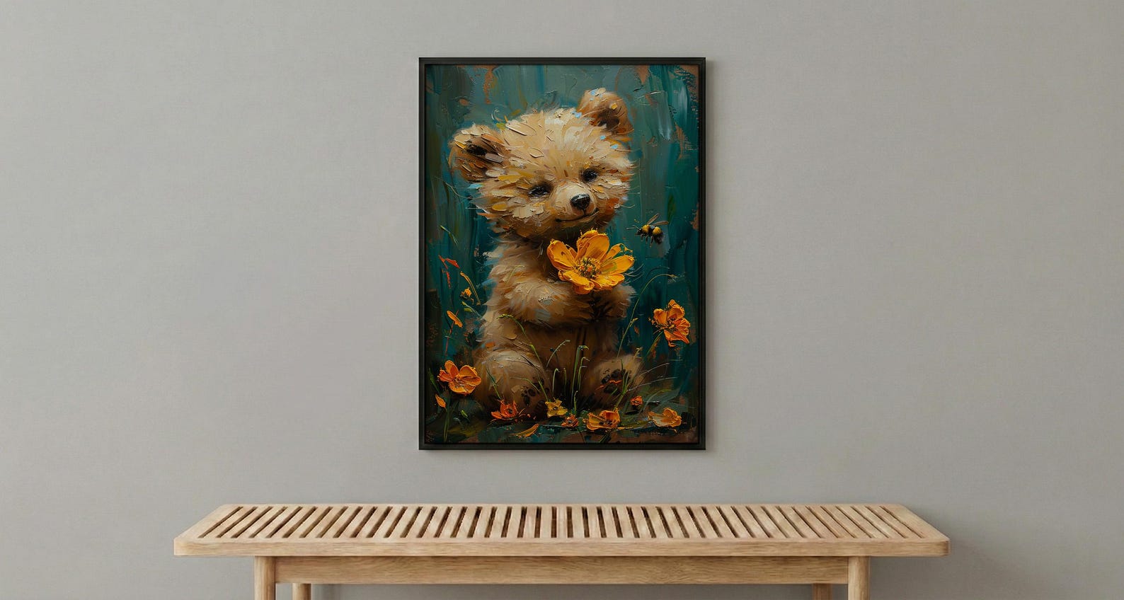 Baby Bear Nursery Art Print, Yellow Floral Spring Decor - Baby Shower Gift — view 4