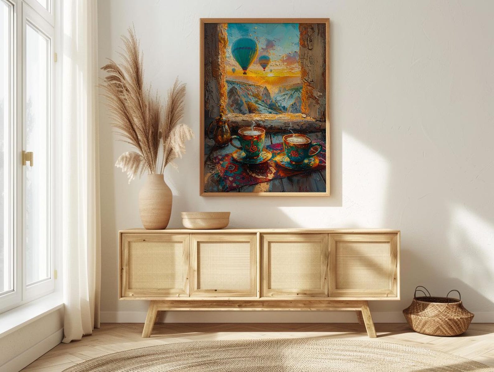 Cappadocia Wall Art, Cave Window Art Print, Hot Air Balloon Poster, Turkish Coffee Decor, Authentic Boho Painting — view 4