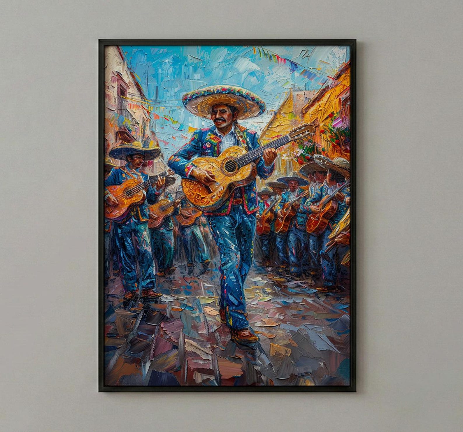 Mexico Mariachi Art Print, Sunny Plaza Decor - Traditional Band — view 3