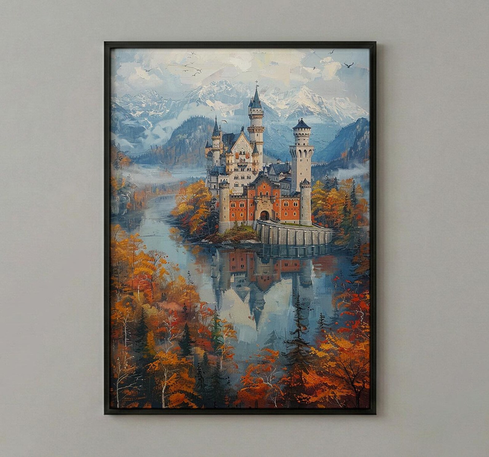 Fairytale Castle Art, Neuschwanstein Print, Germany Travel, Impasto Oil Painting, Dreamy Landscape, Princess Room Decor, Fog — view 2