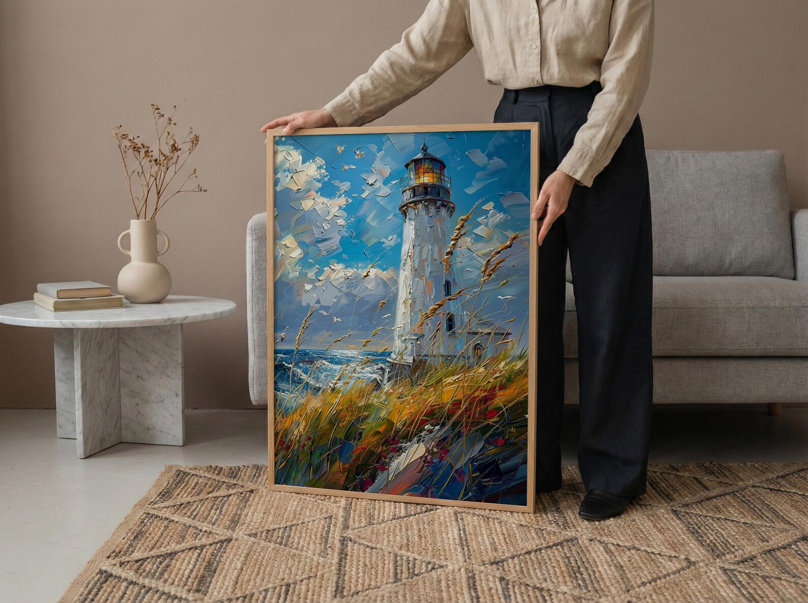 Lighthouse Seagrass Beach Wall Art, Classic Coastal Ocean Decor - White Tower Summer Wind — view 5