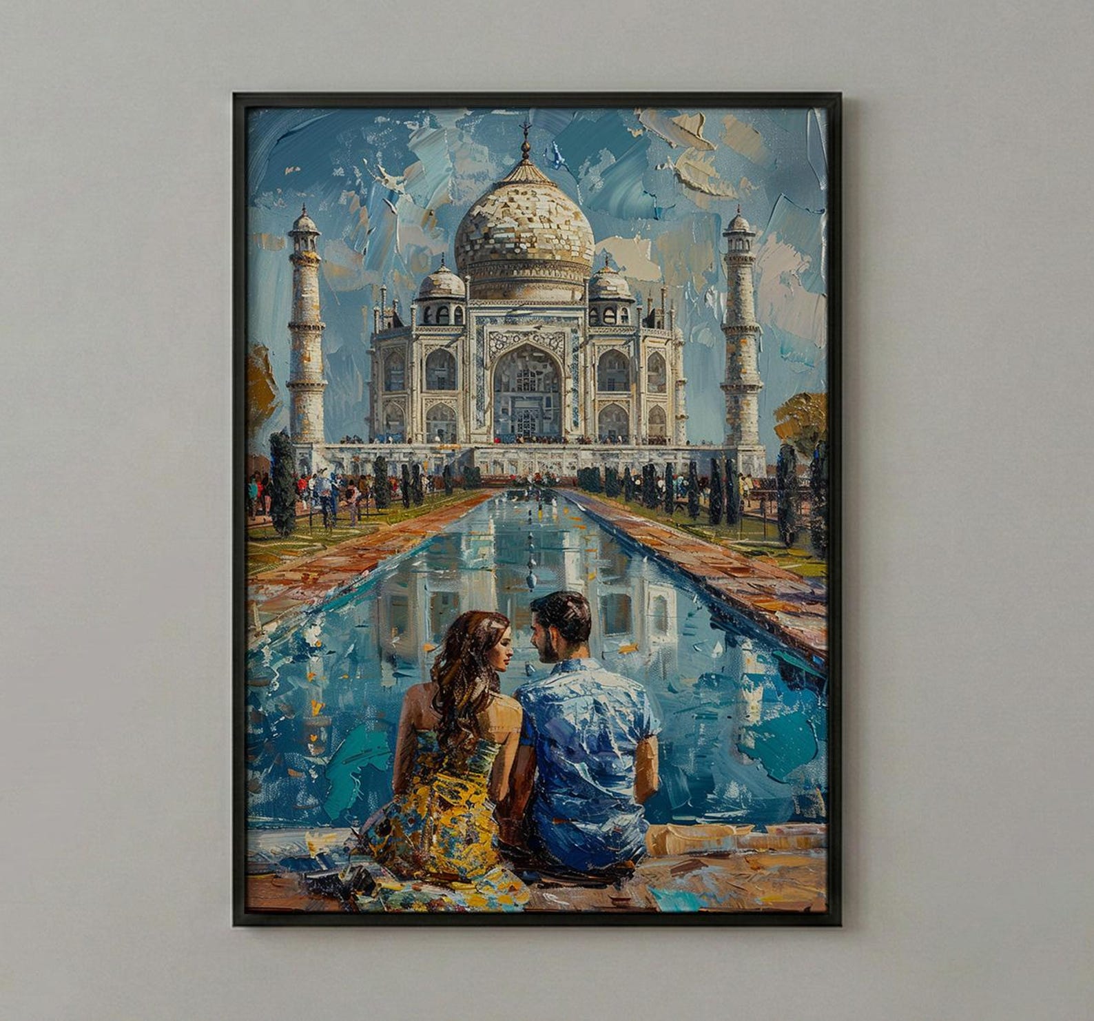 India Wall Art, Taj Mahal Art Print, Romantic Couple Poster, Agra Architecture Painting, Asian Travel Decor — view 3