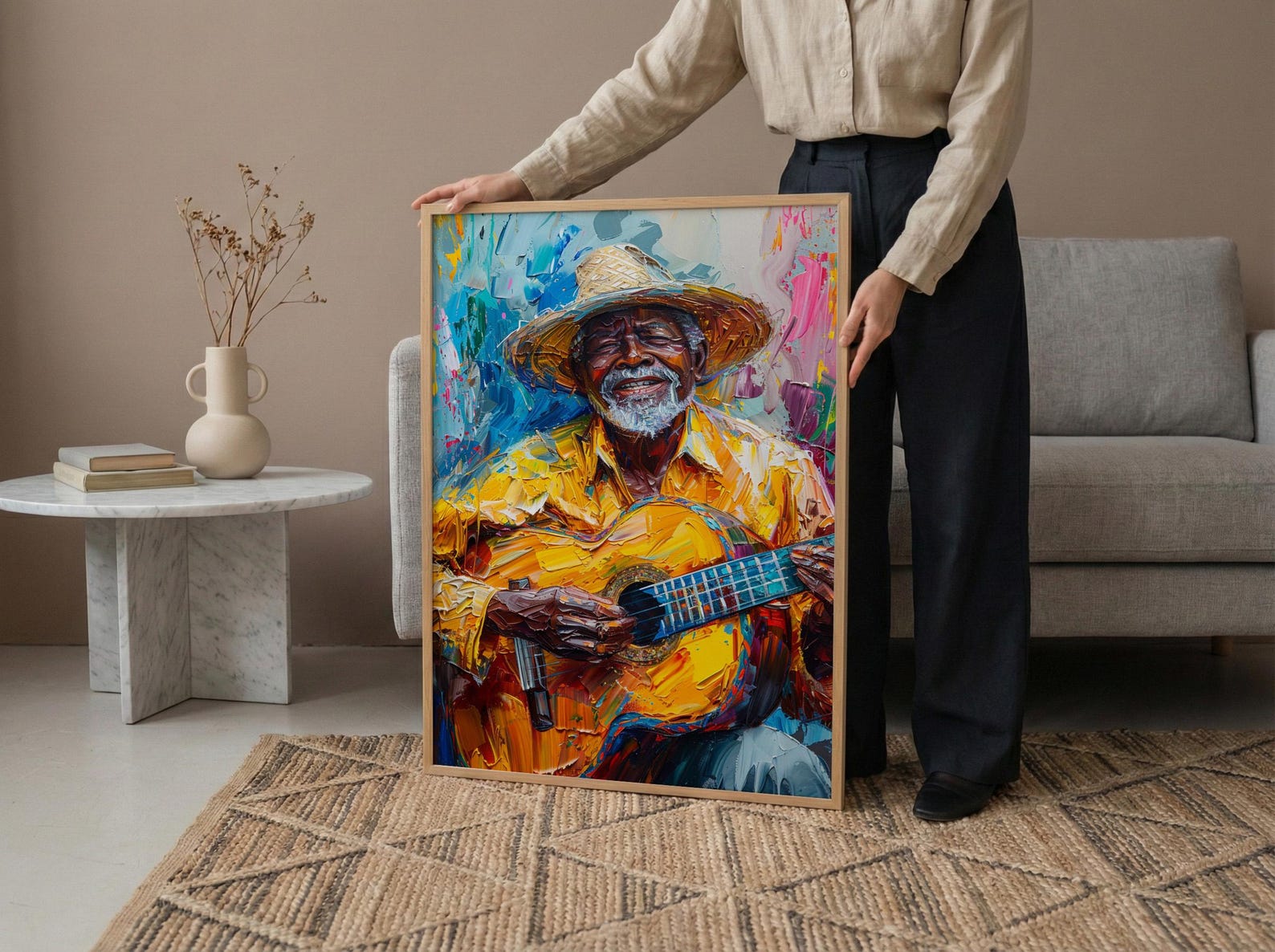 Plaza Guitar Musician Wall Art, Colonial Street Decor - Straw Hat Sun Drenched Summer — view 5