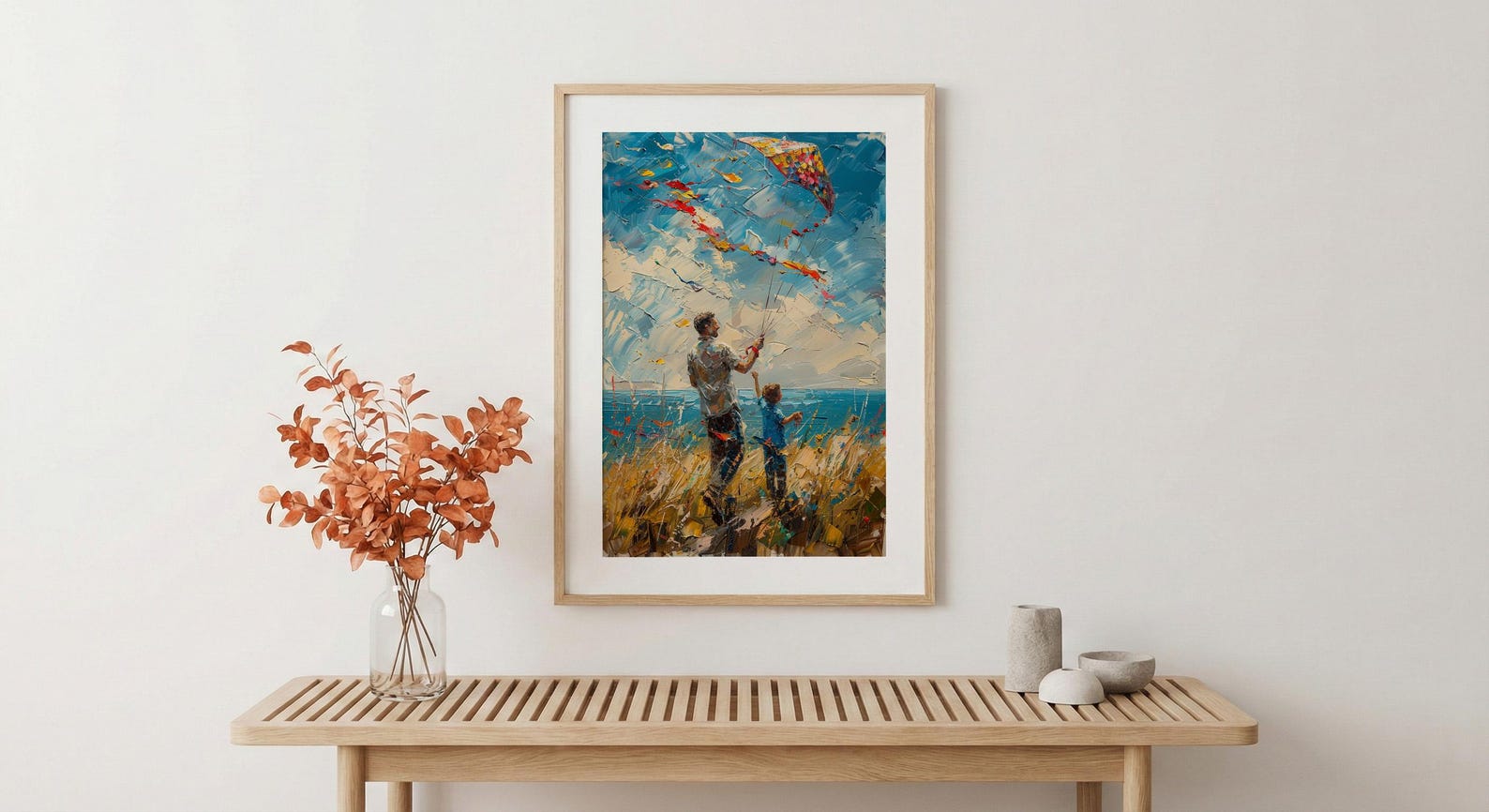 Flying A Kite Poster, Father And Son Decor - Windy Day Landscape Art — view 5