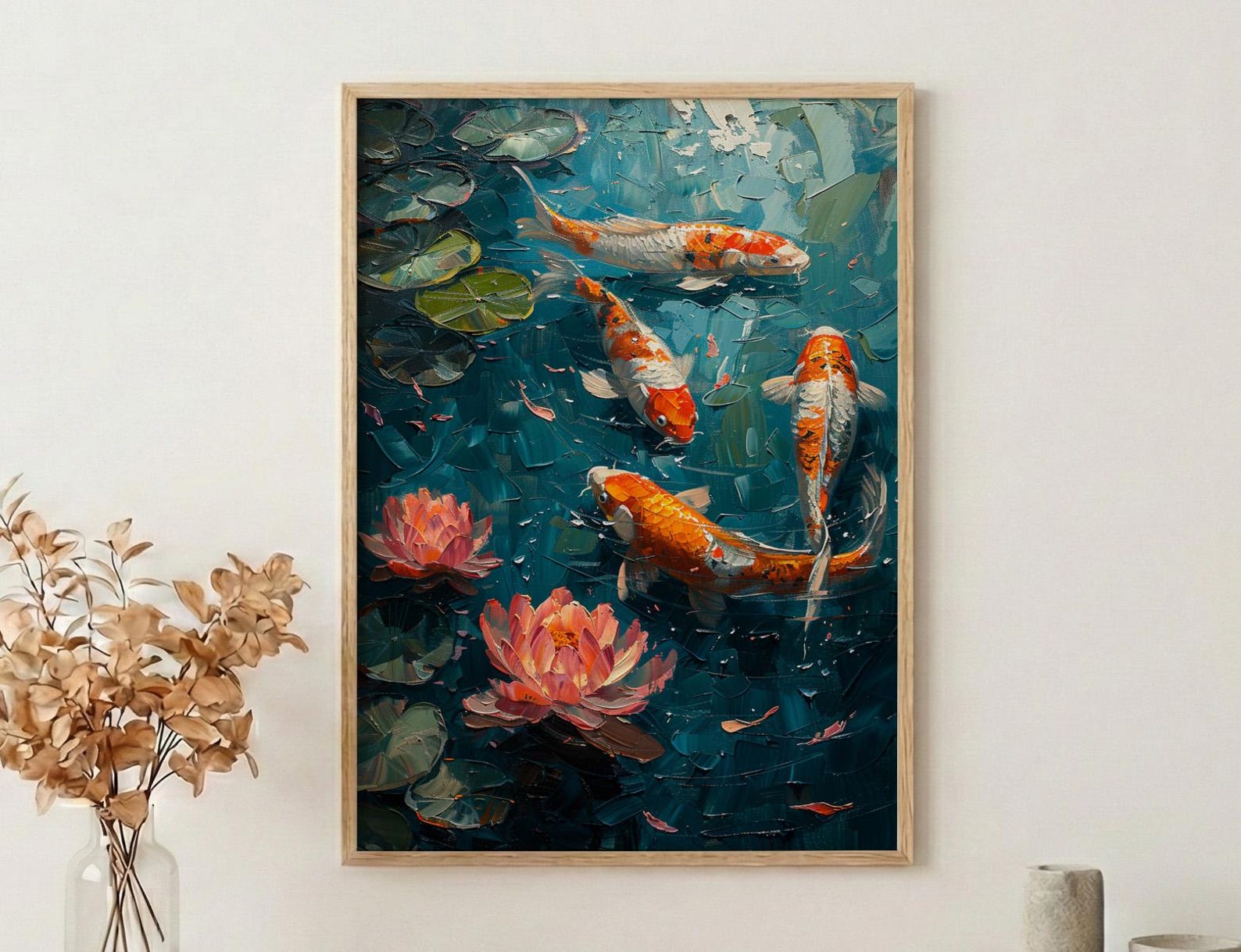 Japanese Koi Pond Poster, Zen Garden Decor - Pink Water Lily Art