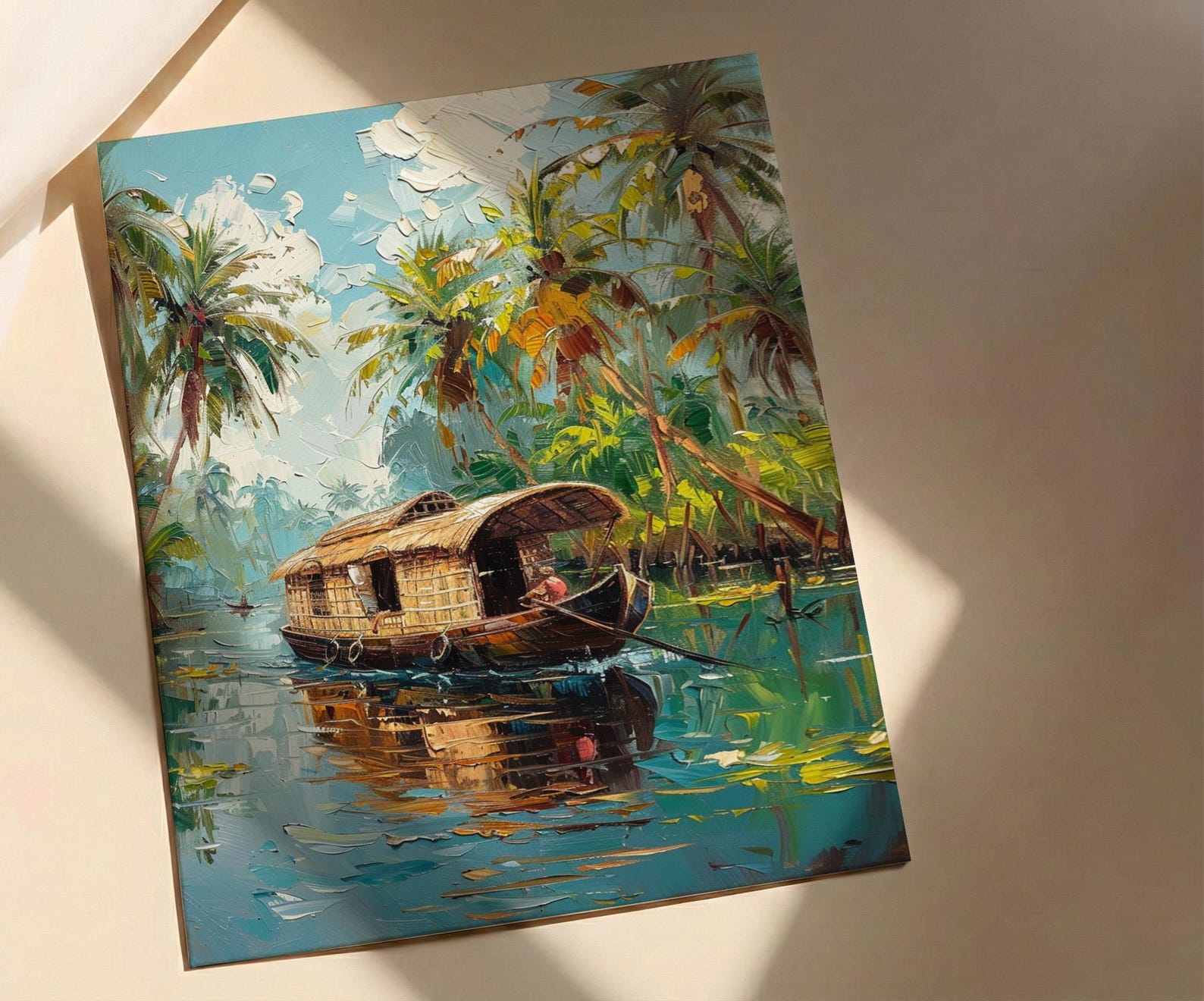 Kerala Backwater Poster, Wooden Houseboat - Tropical River Decor — view 2