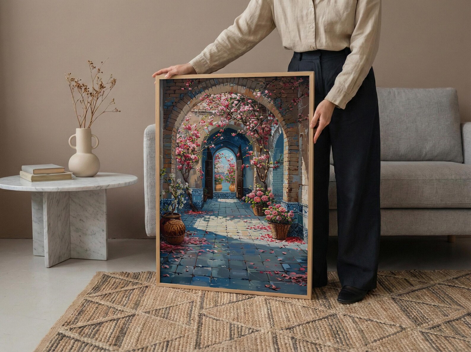 Samarkand Blue Mosaic Poster, Pink Almond Blossom Decor - Entryway Decor Art — view 6