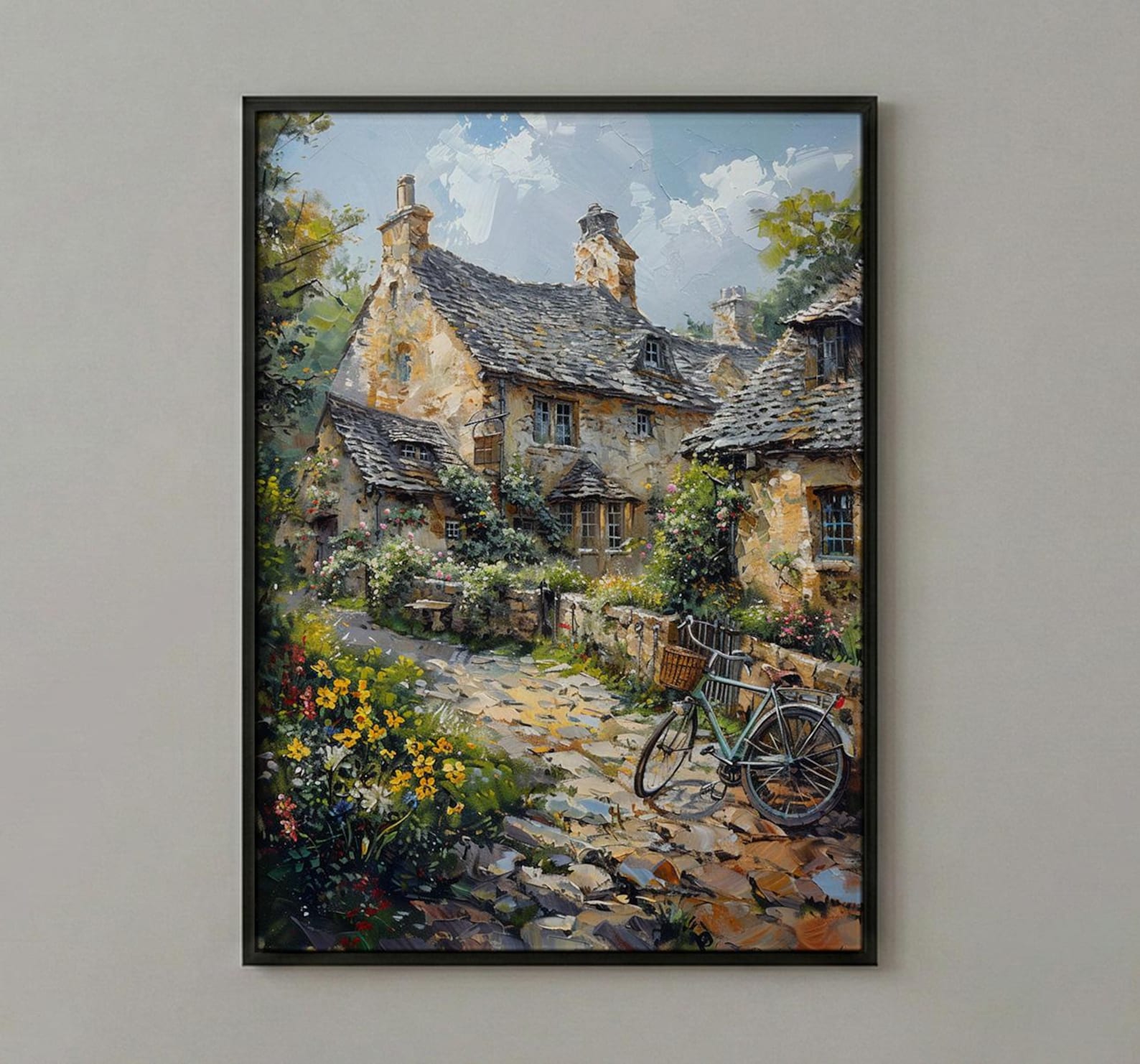 Cotswolds Stone Cottage Wall Art, Yellow Daffodil Print - Living Room Decor