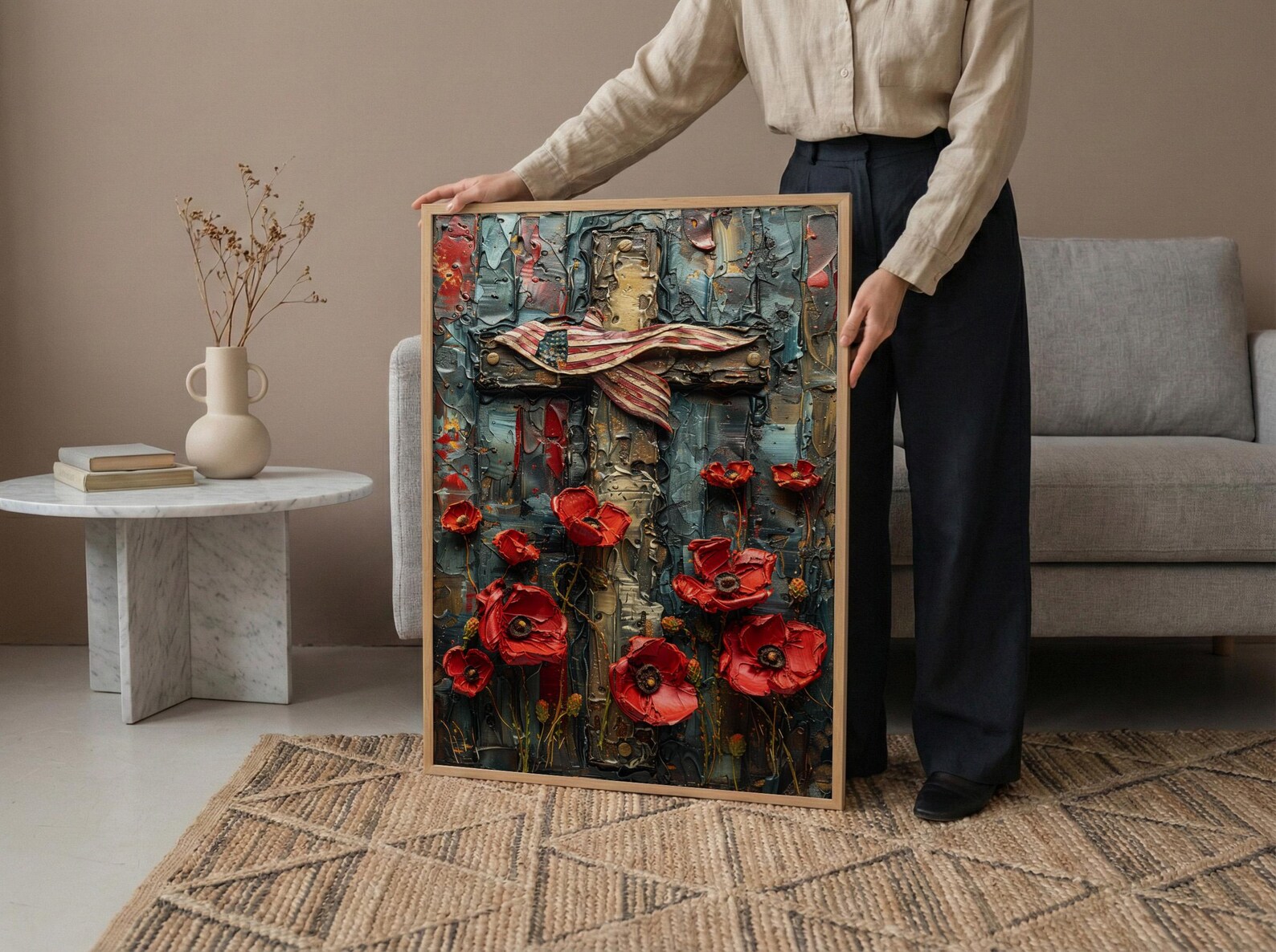 Wooden Cross Flag Art Print, Christian Patriotic Decor - Memorial Poppies Poster — view 5
