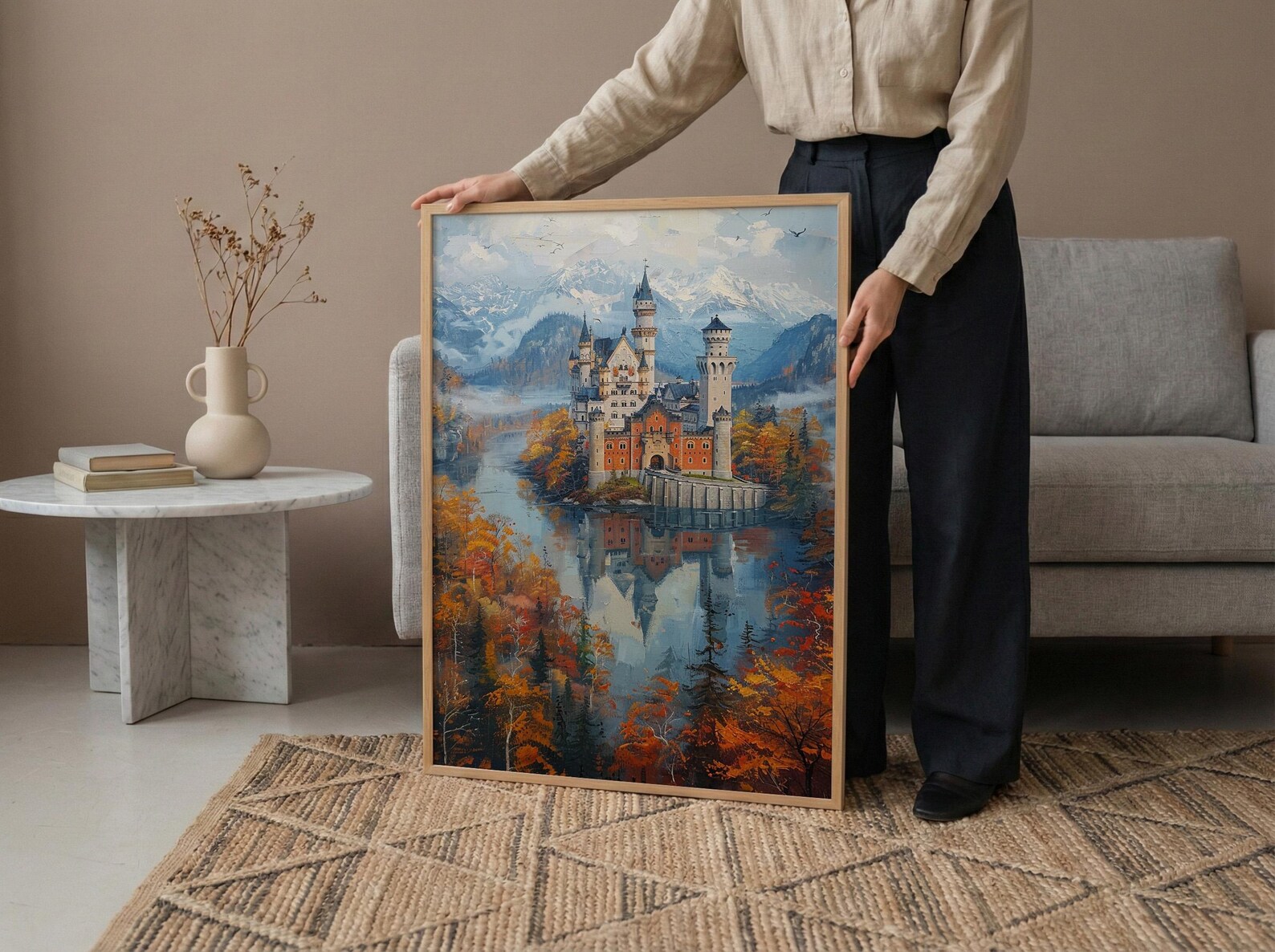 Fairytale Castle Art, Neuschwanstein Print, Germany Travel, Impasto Oil Painting, Dreamy Landscape, Princess Room Decor, Fog — view 6
