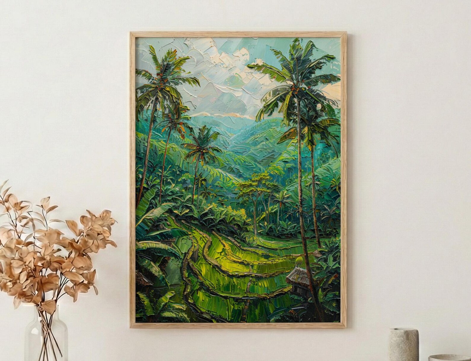 Bali Rice Terrace Oil Painting Poster, Ubud Jungle Art Print, Tropical Palm Tree Wall Art, Indonesia Travel Decor, Impasto Nature Landscape