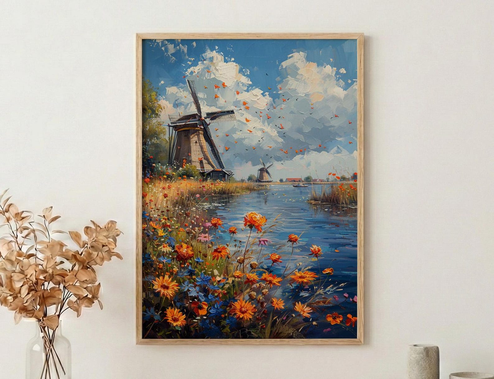 Dutch Windmill Art, Netherlands Decor - Historic Canal Print