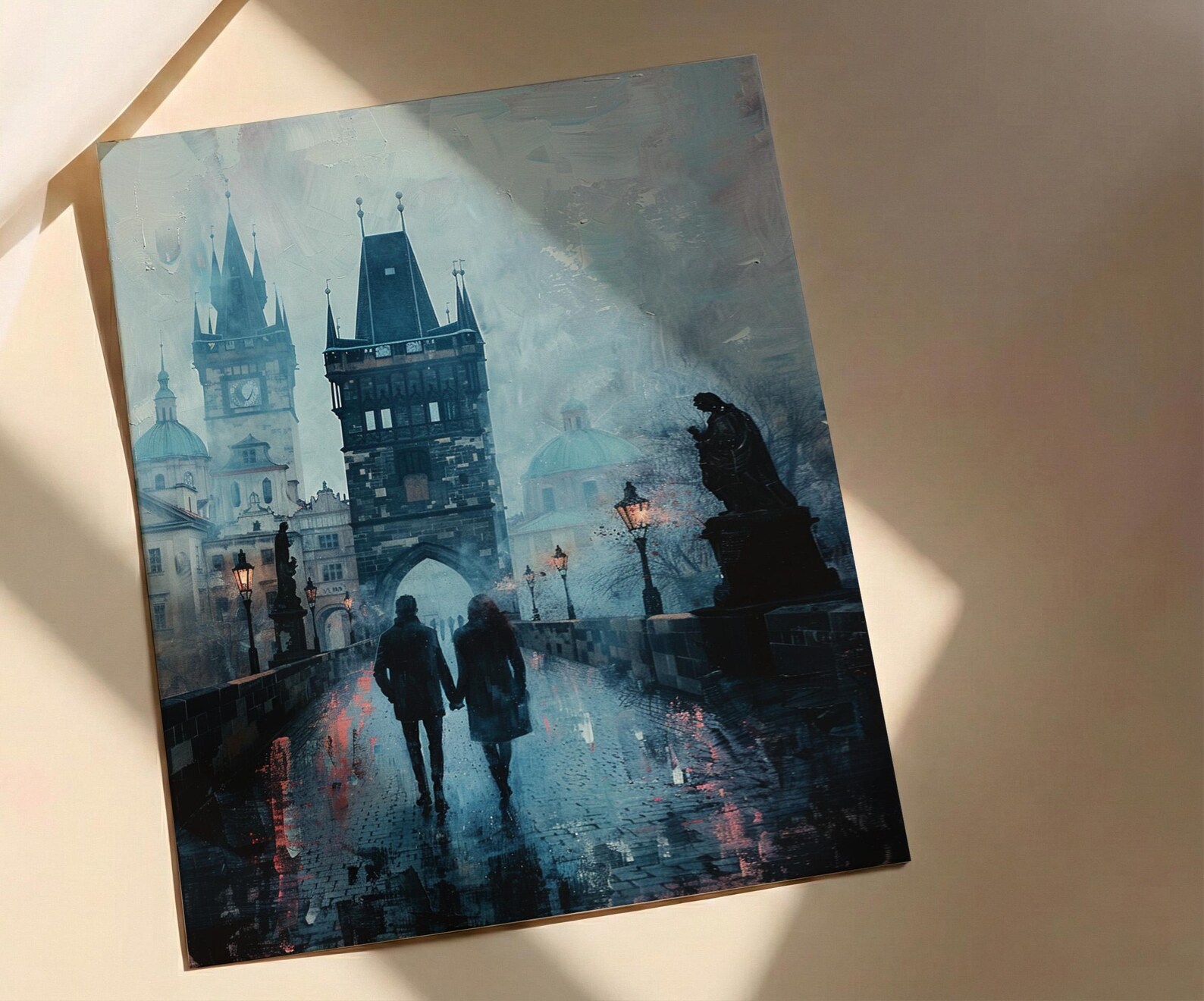 Prague Wall Art, Charles Bridge Print, Gothic Decor, Impasto Oil Painting, Foggy Morning, Moody Landscape, Dark Academia — view 3